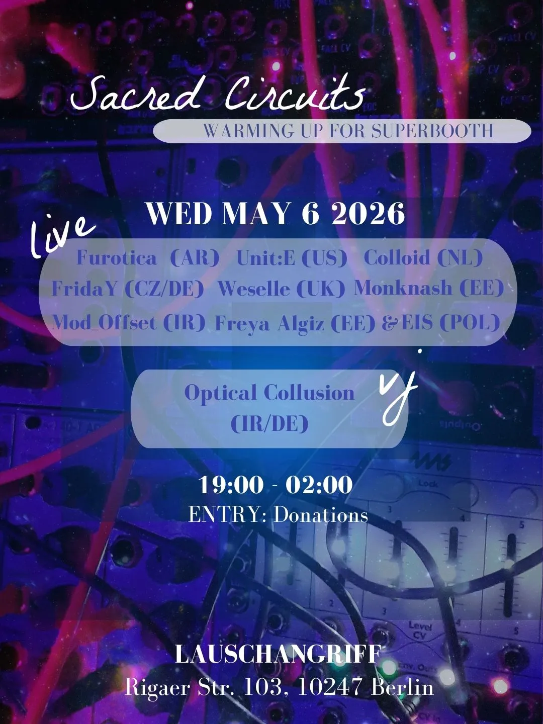 Sacred Circuits - Superbooth Warmup Party event poster