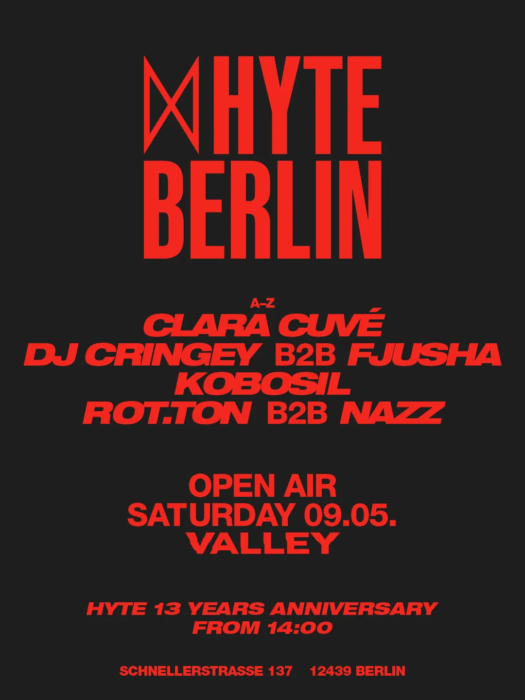 HYTE 13 Years Kobosil & CLARA CUVE Open Air Berlin event poster