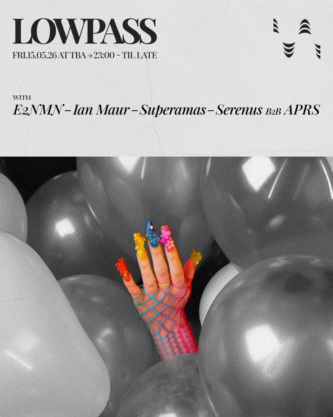 lowpass invites: E2NMN, Ian Maur, superamas, Serenus, APRS event poster