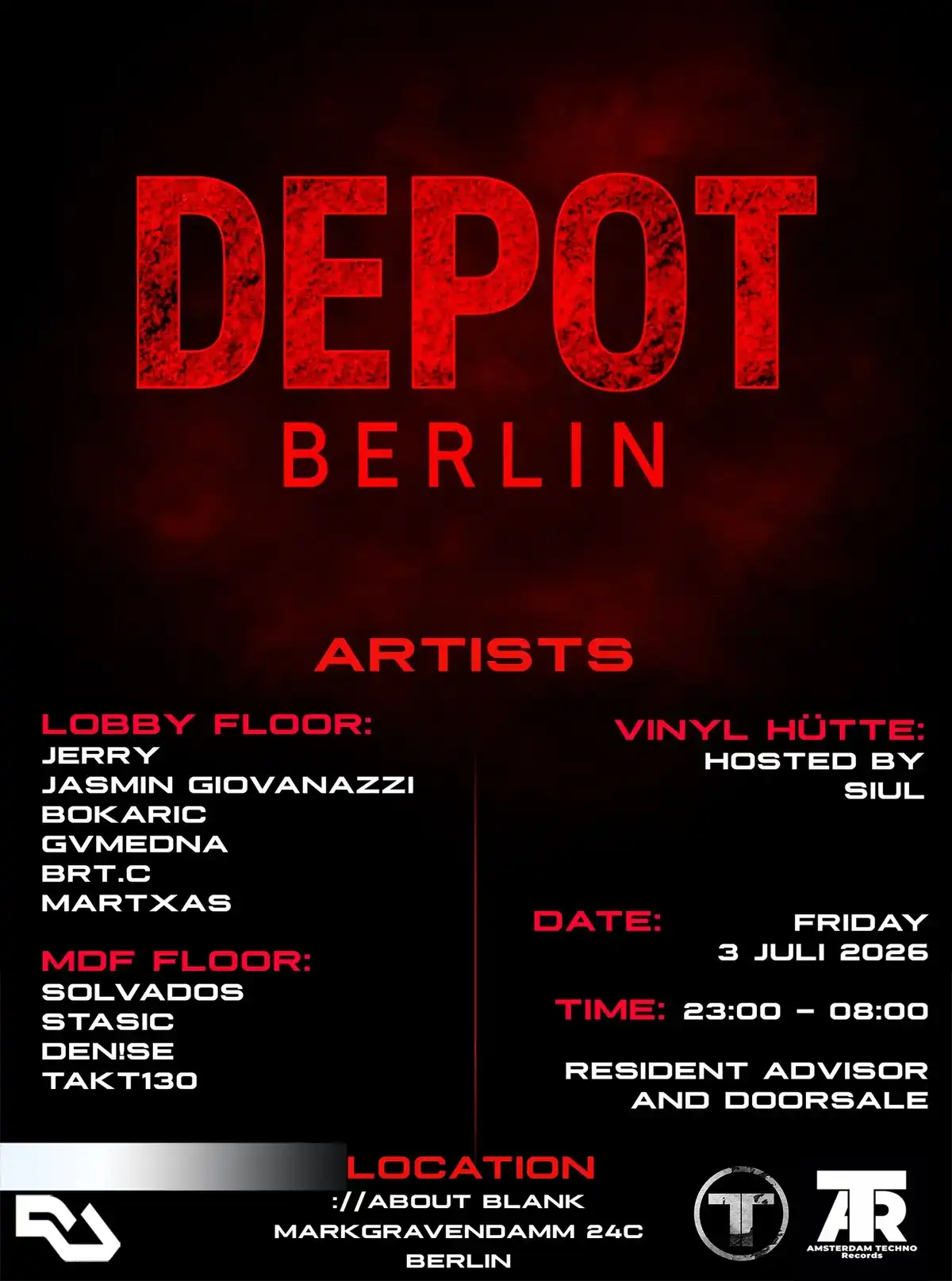 Amsterdam Techno Records and DEPOT BERLIN [Amsterdam & Berlin] event poster