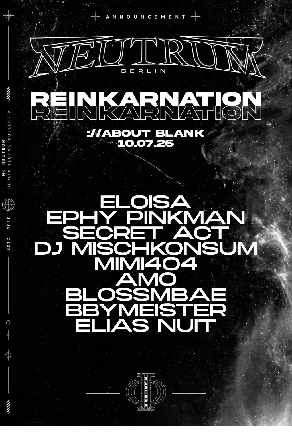 REINKARNATION w. Ephy Pinkman, ELOISA, Technokool, MIMI404, Amo event poster