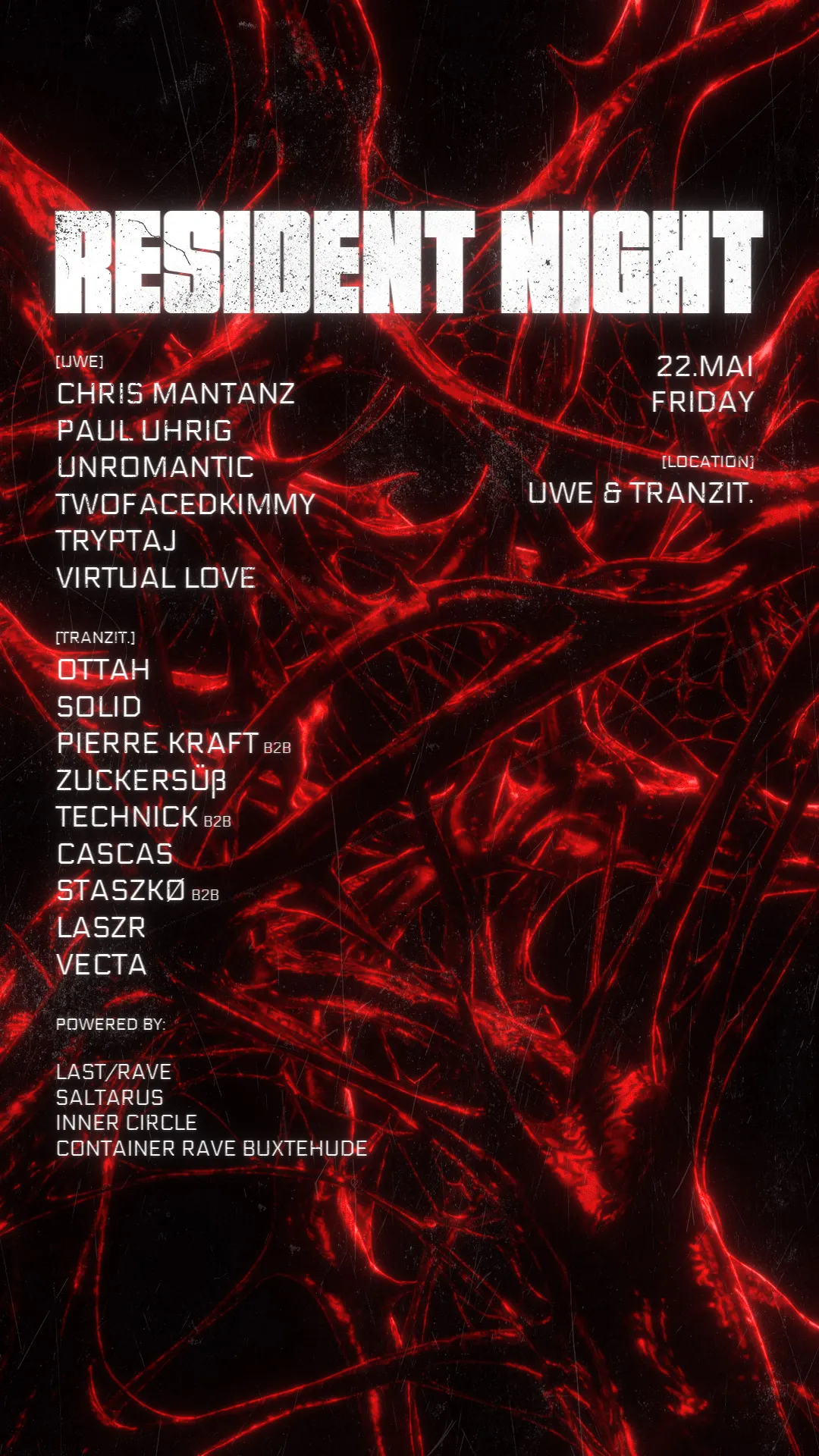 RESIDENT NIGHT with SALTARUS, LAST/RAVE, INNER CIRCLE, CONTAINER RAVE event poster