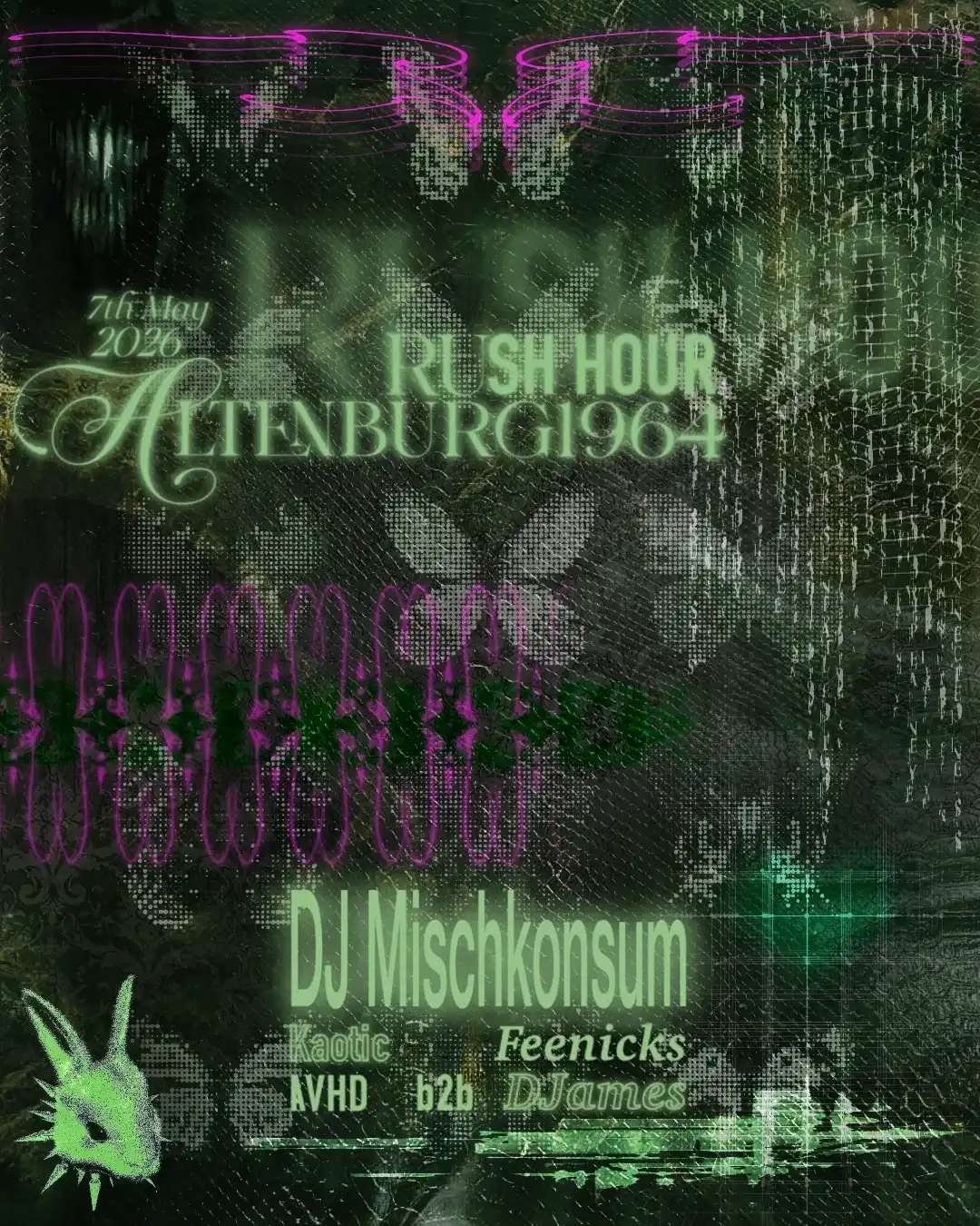 RUSH HOUR with DJ Mischkonsum, Feenicks, AVHD b2b DJames & Kaotic event poster