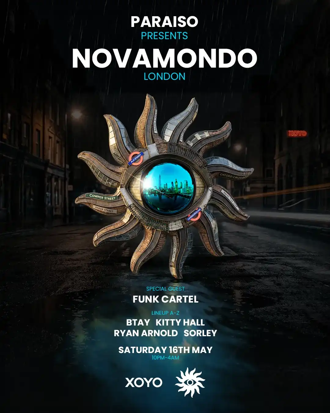 Paraiso presents Novamondo - Funk Cartel, Sorley, Kitty Hall, Ryan Arnold, BTAY event poster