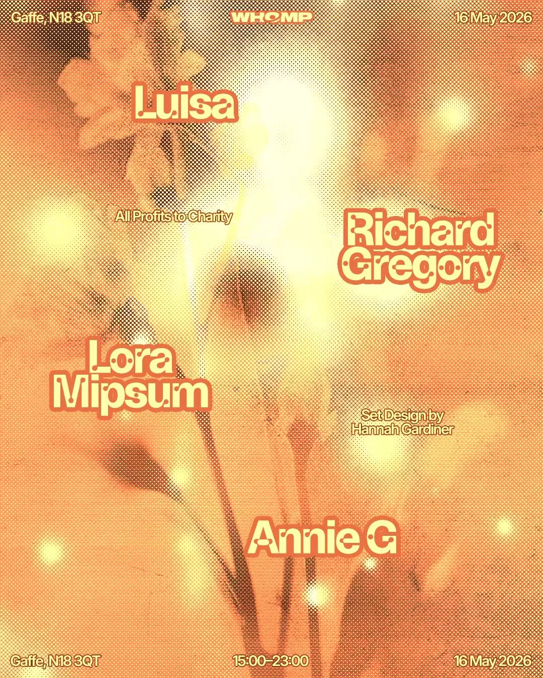 WHOMP DAY PARTY: LUISA, RICHARD GREGORY, LORA MIPSUM, ANNIE G event poster
