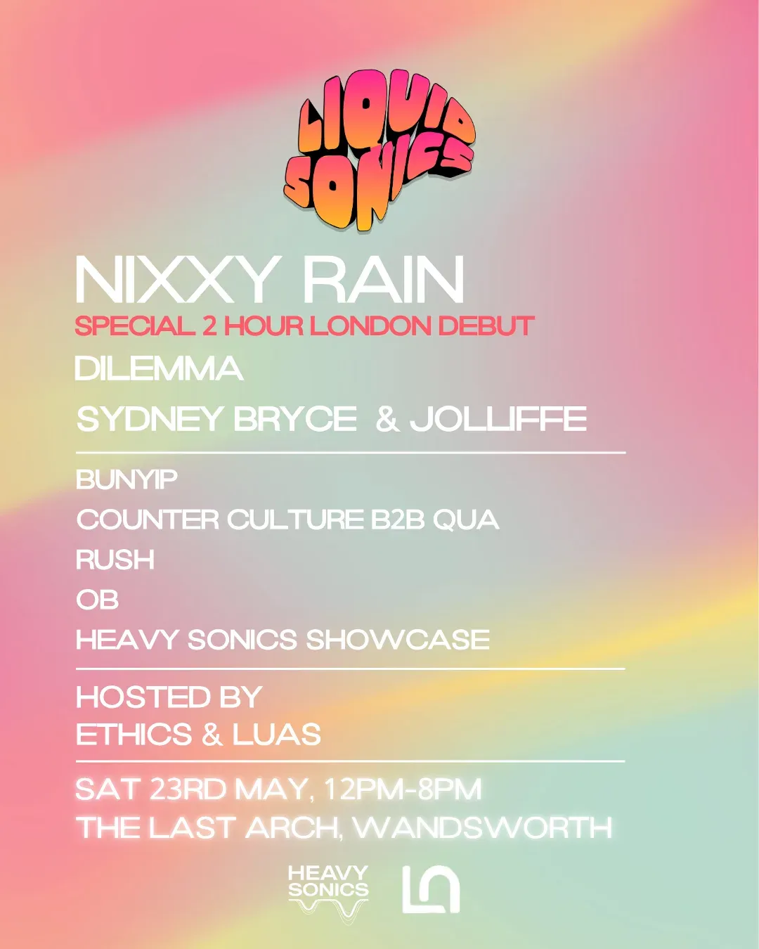 Liquid Sonics Day Party: Nixxy Rain [2 Hours], Dilemma, Sydney Bryce & Jolliffe event poster