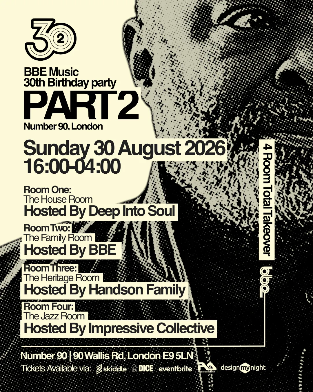 PART 2 BBE Music 30th Birthday Party event poster