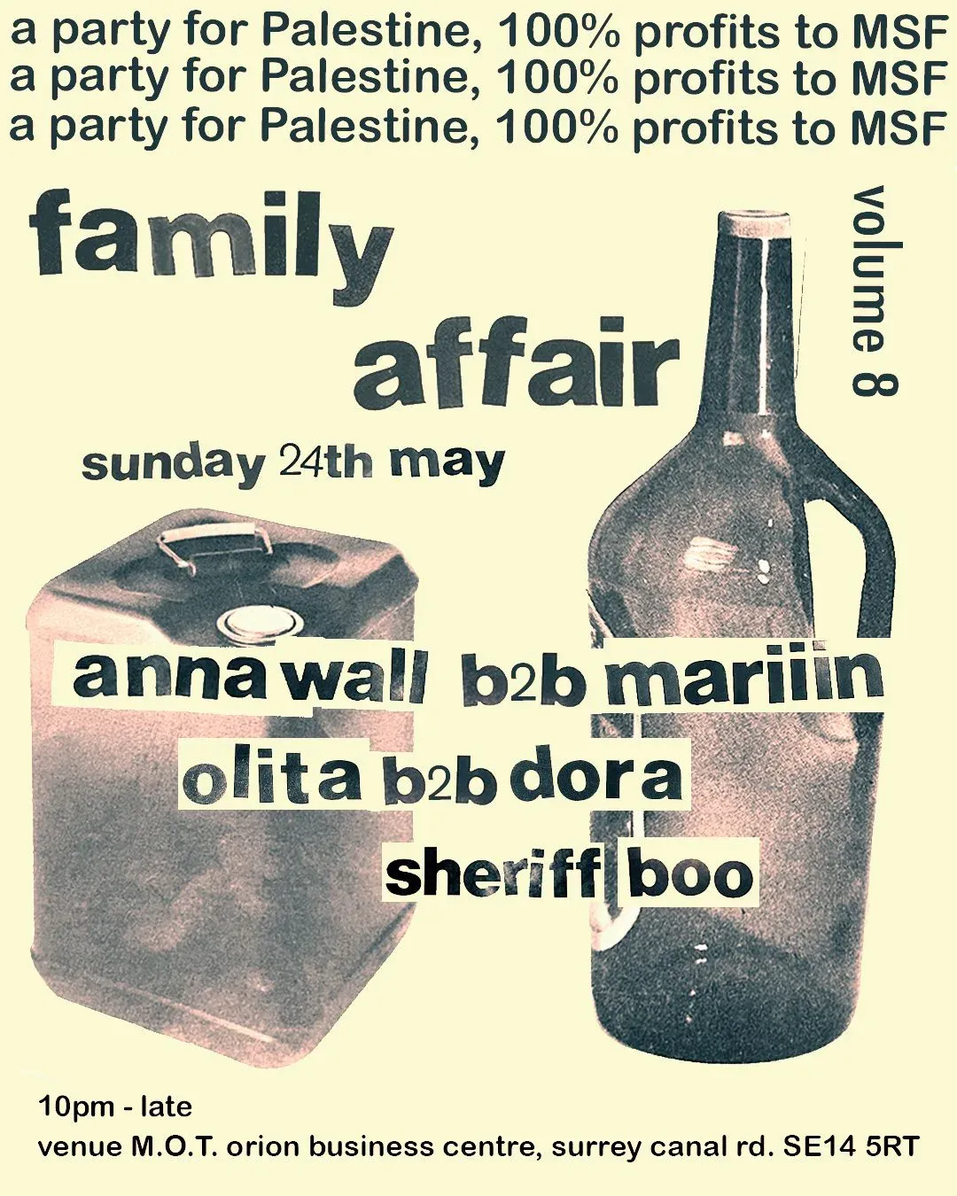 family affair: a party for palestine with Anna Wall, Mariiin, Olita, Dora and Sheriff Boo event poster