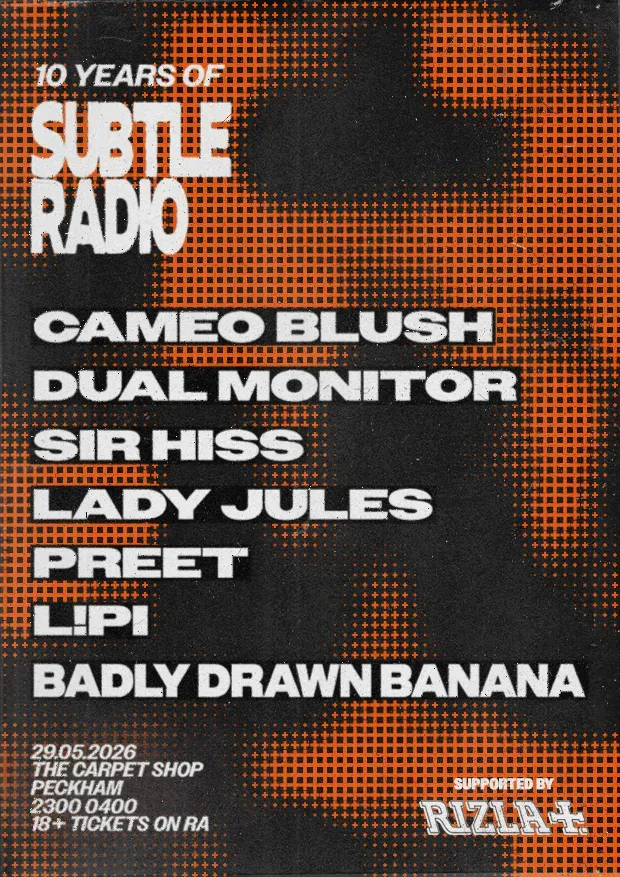 10 years of Subtle Radio: Cameo Blush, Dual Monitor, Sir Hiss event poster