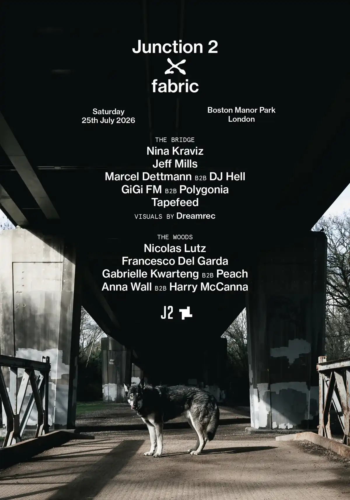 Junction 2 x fabric: Nina Kraviz, Jeff Mills, Marcel Dettmann, DJ Hell, Nicolas Lutz, Peach event poster