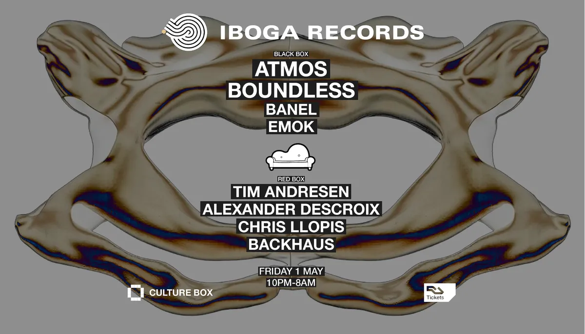Iboga: Atmos /Boundless /Banel /Emok /Sofa Beats: Tim Andresen /Alexander Descroix /Llopis event poster