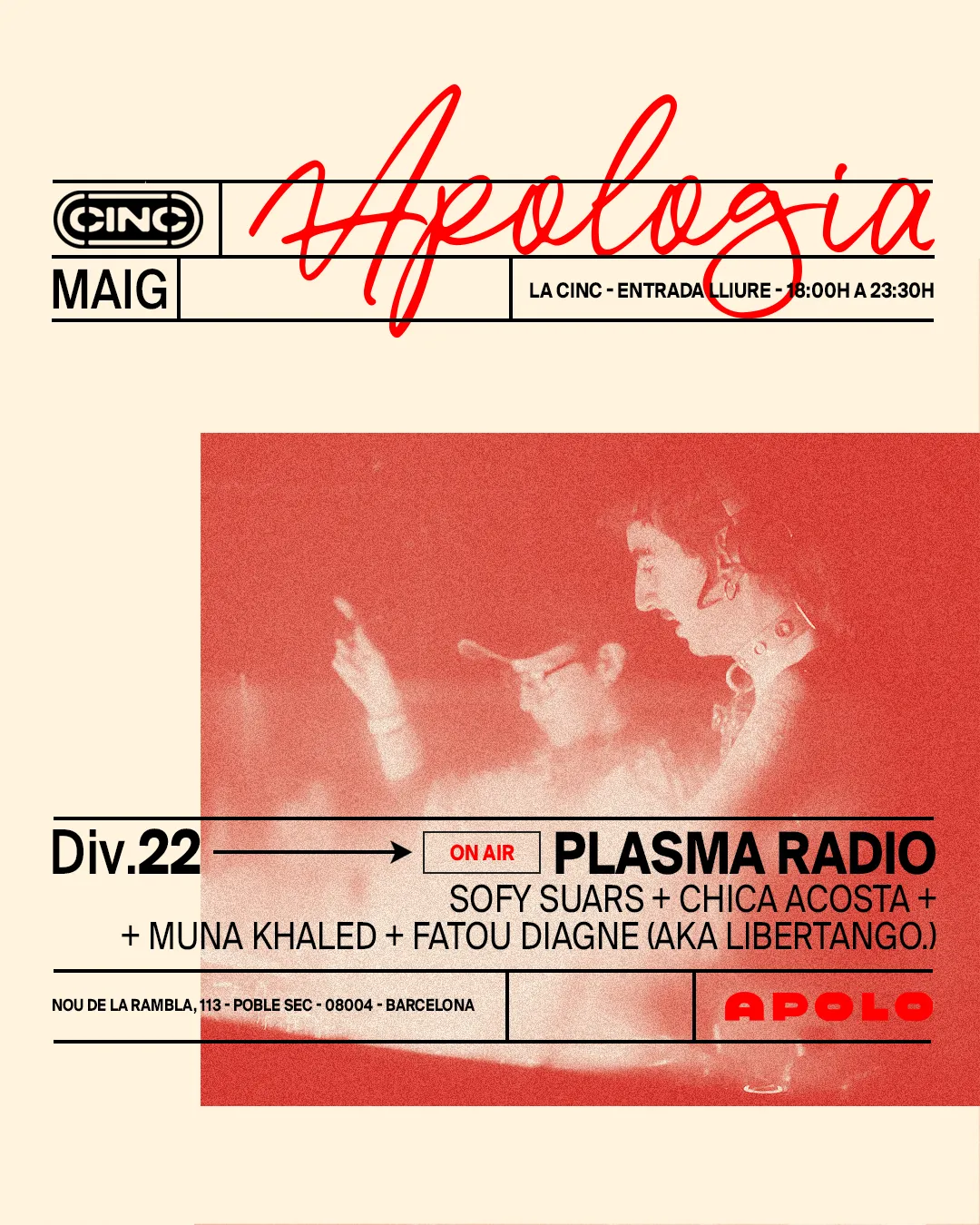 Apologia ON AIR x Plasma Radio at la CINC (Sala Apolo) event poster