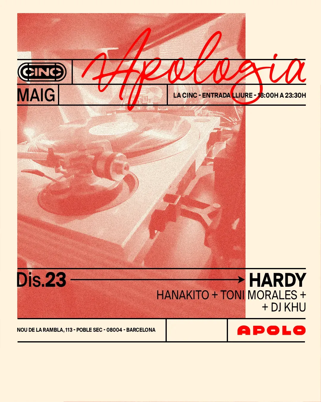 Apologia x HARDY Bcn at la CINC (Sala Apolo) event poster