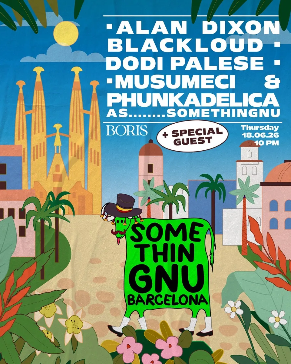 Off Barcelona - SOMETHINGNU - Jen Cardini, Alan Dixon, Blackloud, Musumeci, Phunkadelica and event poster