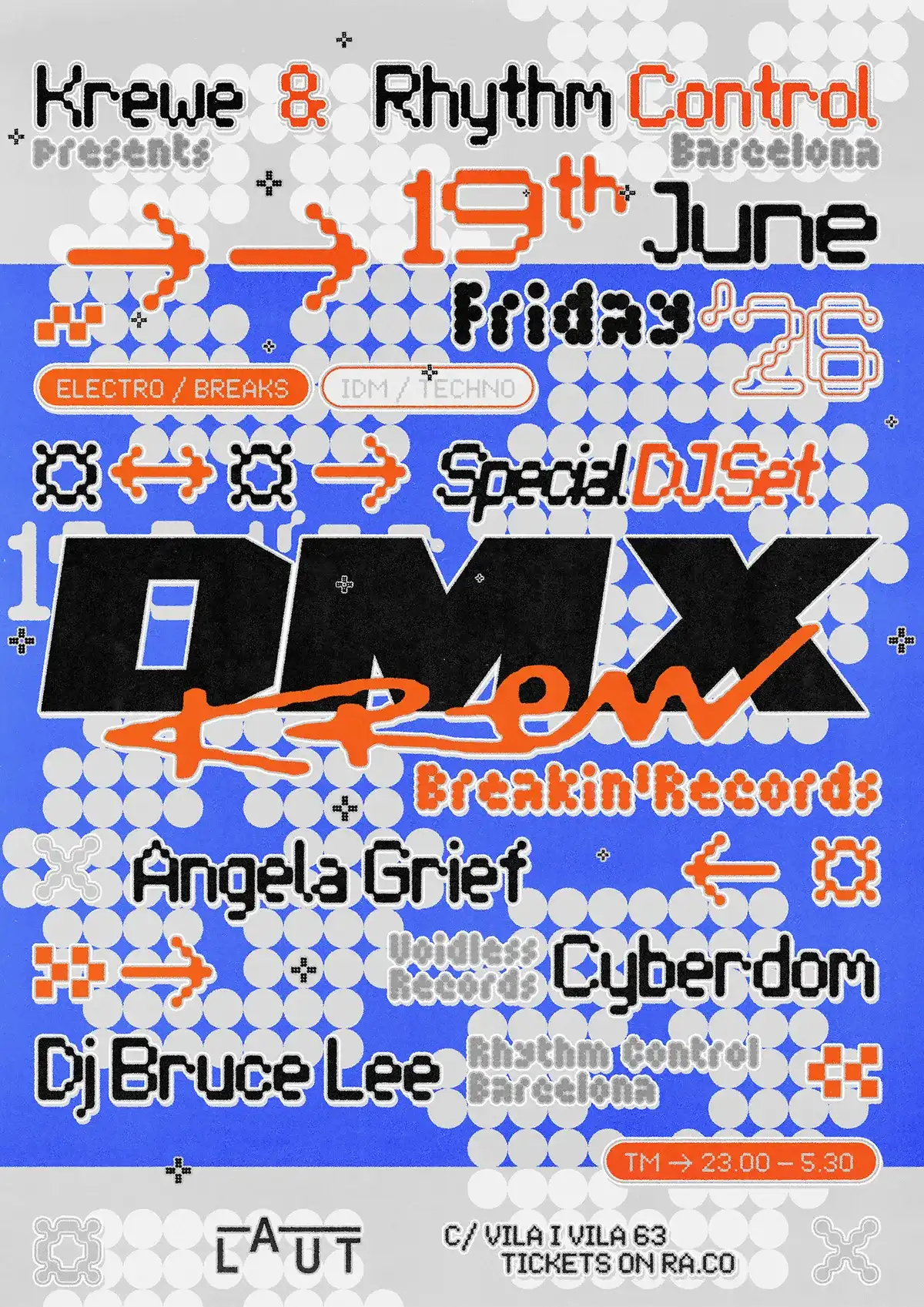 Krewe x Rhythm Control BCN presents: DMX Krew + DJ Bruce Lee + Angela Grief + Cyberdom event poster