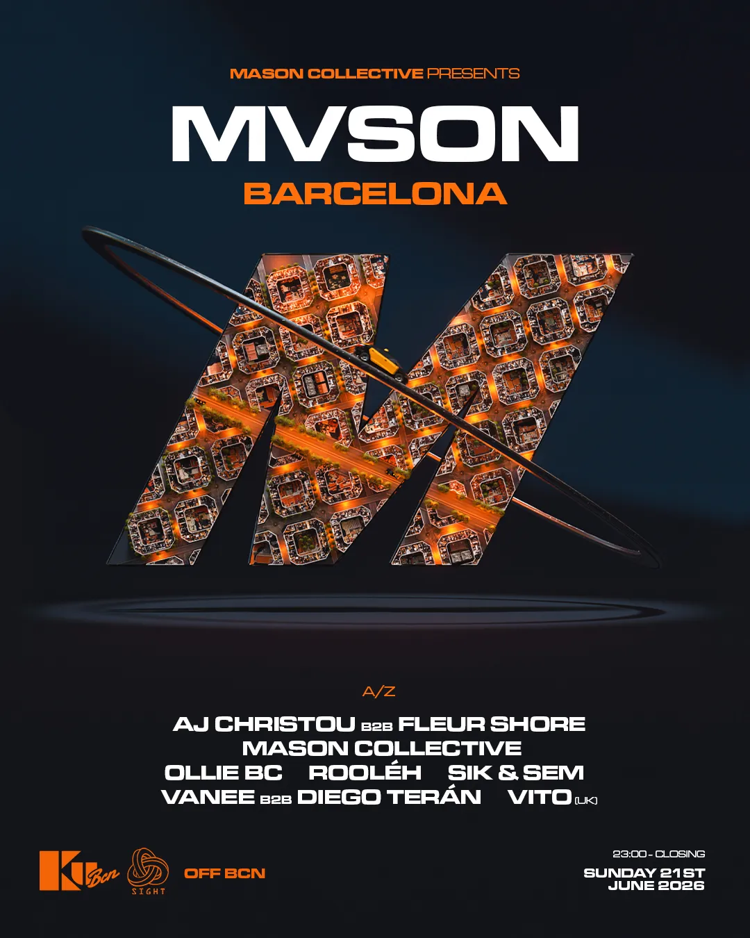 MVSON OFFBCN: AJ Christou b2b Fleur Shore, Mason Collective, Ollie BC, Rooléh, Sik&Sem, event poster
