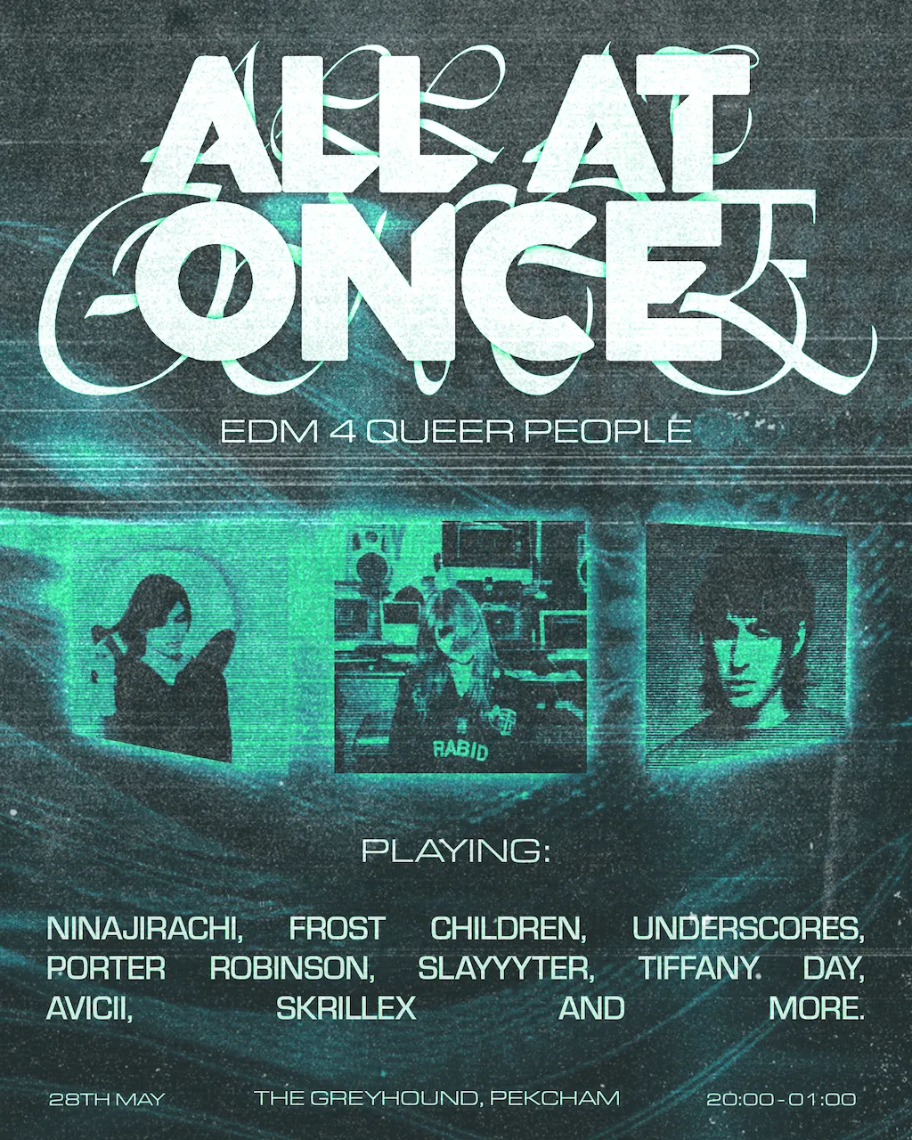 All At Once - edm 4 queer ppl event poster