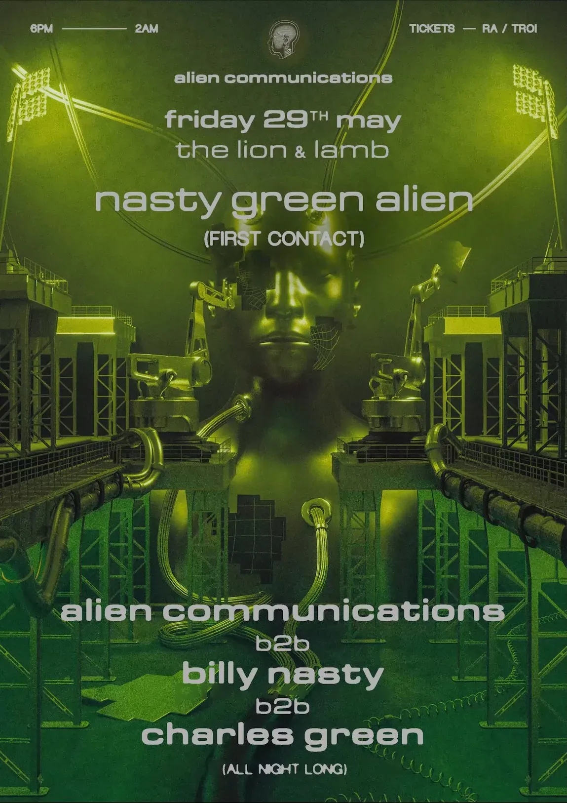 AC invites... Nasty Green Alien [Alien Communications b2b Billy Nasty b2b Charles Green] event poster