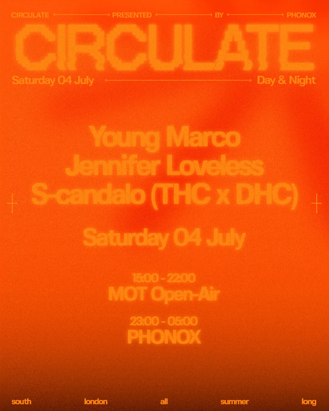 Phonox x MOT Open Air: Young Marco, S-candalo (THC x DHC), Jennifer Loveless - Day & Night event poster