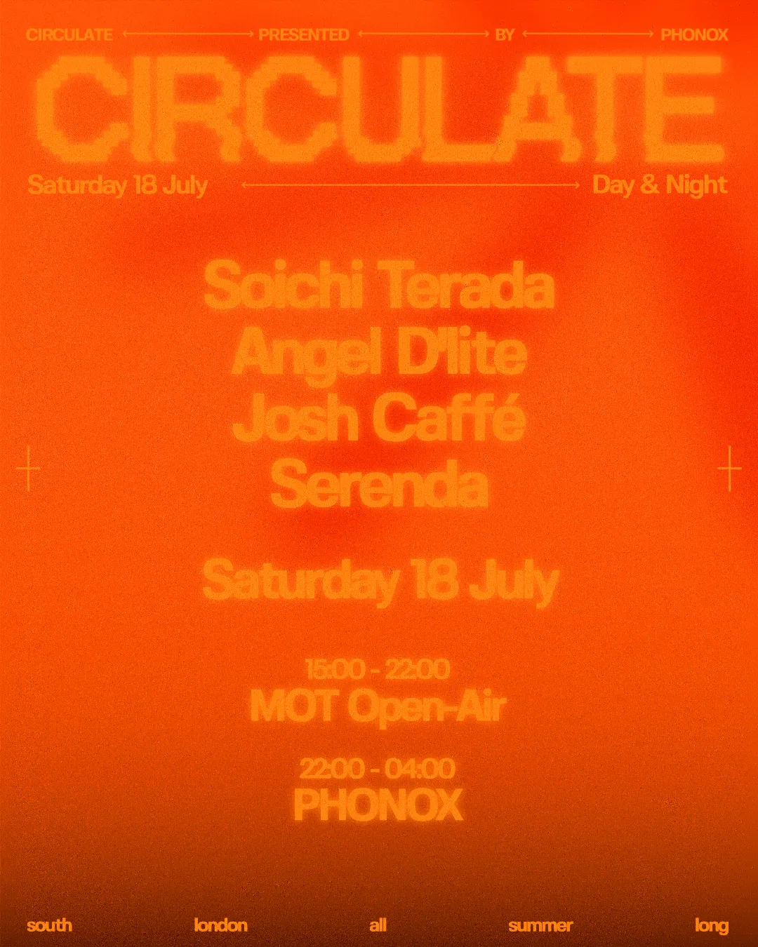 M.O.T Day Party: CIRCULATE with Angel D'lite, Josh Caffé + Phonox afterparty event poster
