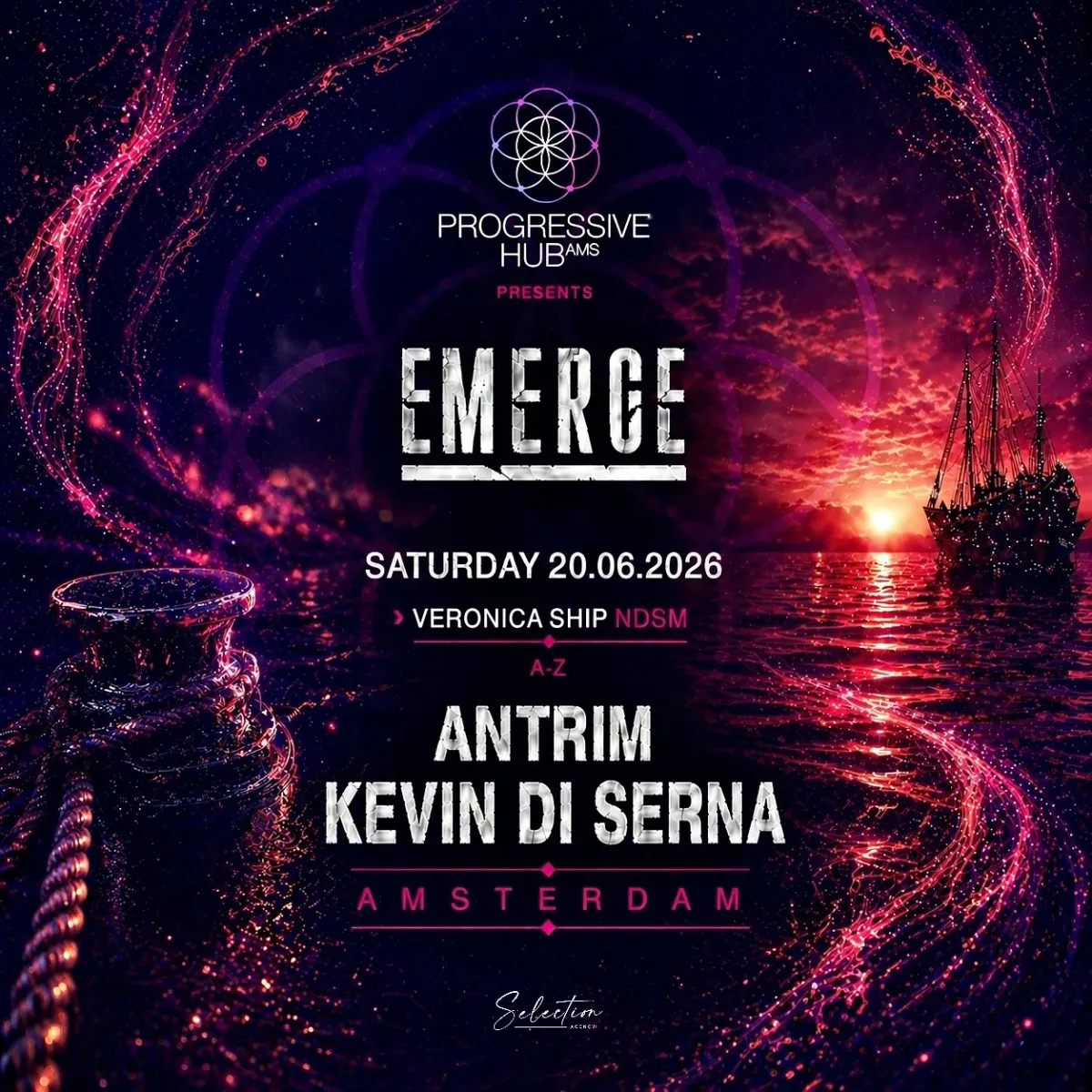 Progressive Hub presents Emerge // Kevin Di Serna & Antrim event poster
