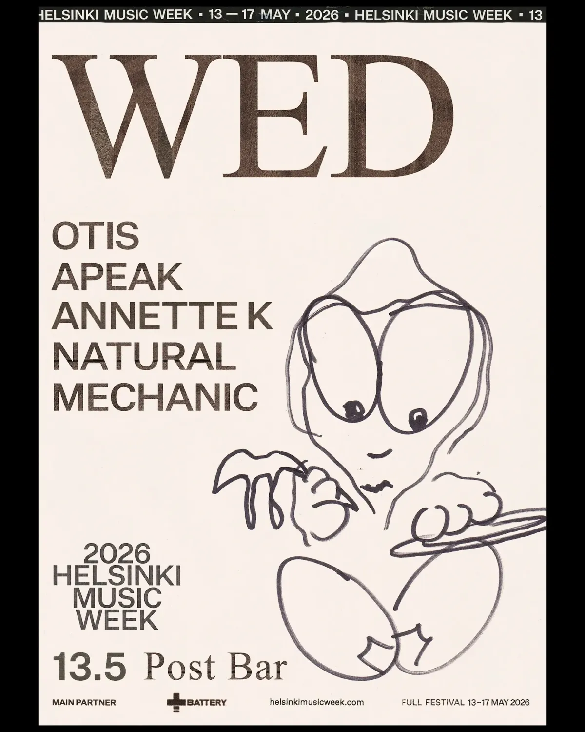 Helsinki Music Week 2026 – Annette K, Otis, APEAK (live), Natural (live), Mechanic event poster