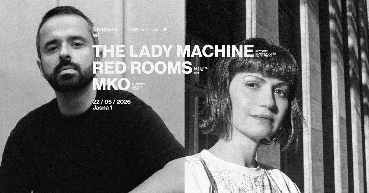 J1 - Shadows with The Lady Machine, Red Rooms, MKO event poster