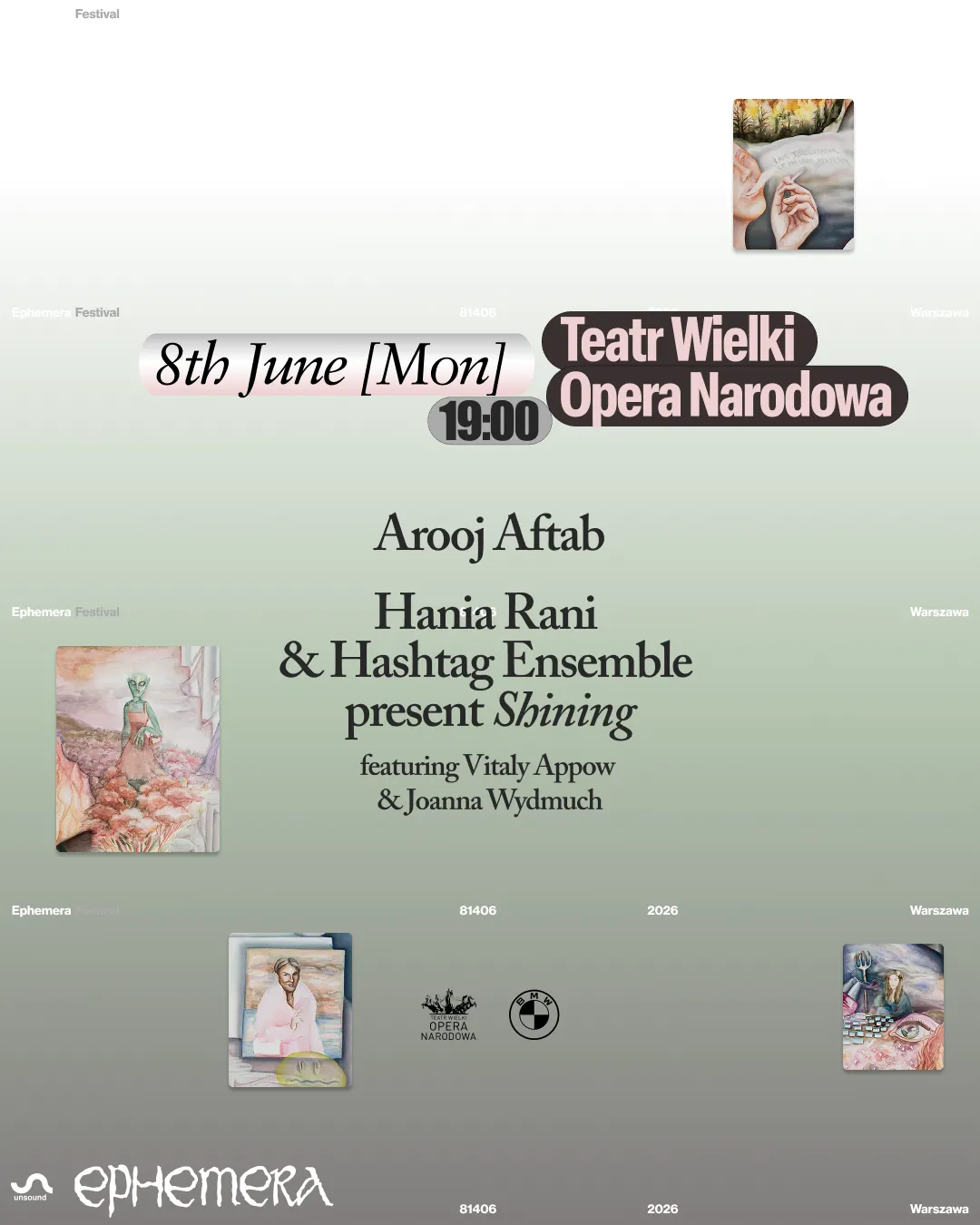 Ephemera Festival 2026: Hania Rani & Hashtag Ensemble present 'Shining' / Arooj Aftab event poster
