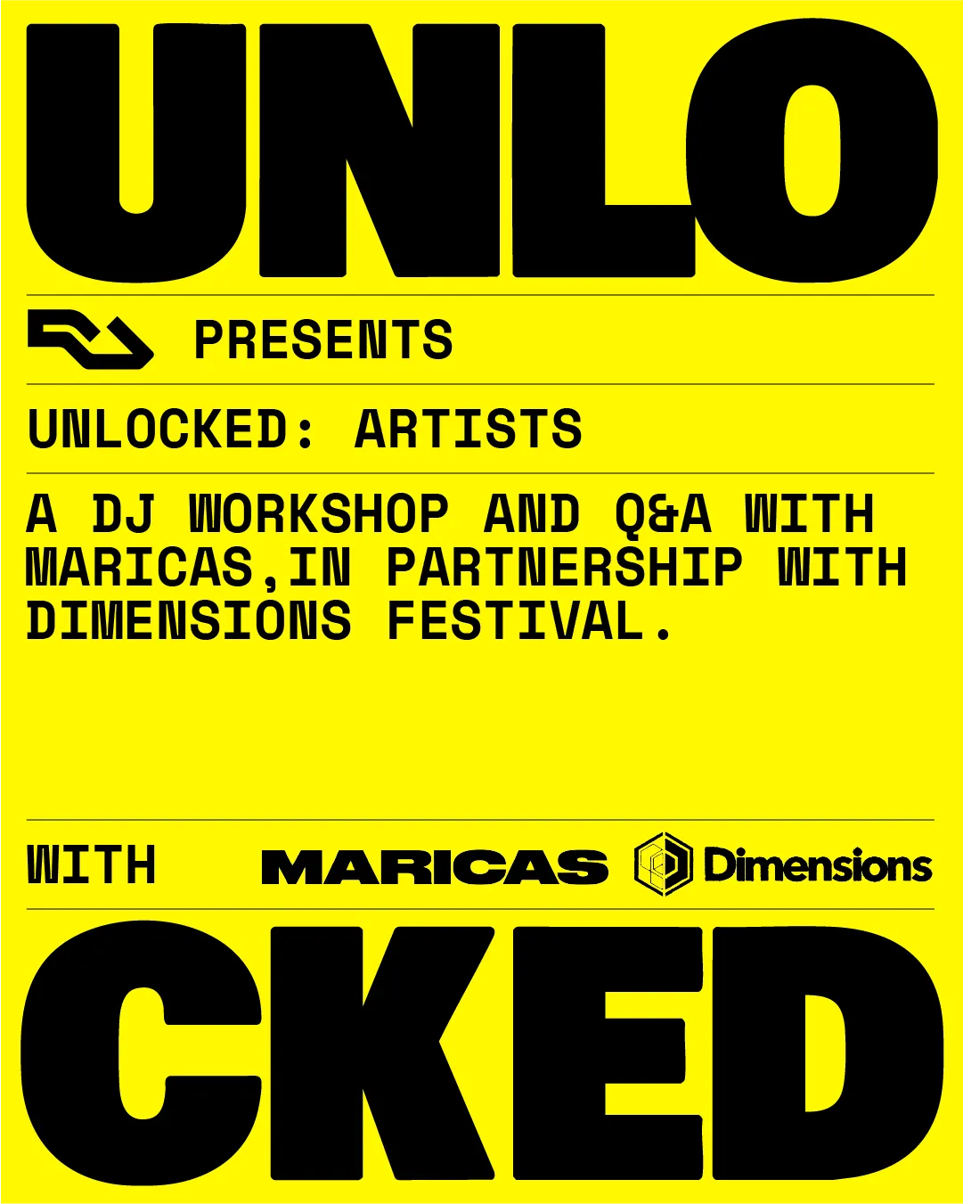 RA UNLOCKED with Dimensions Festival x MARICAS event poster