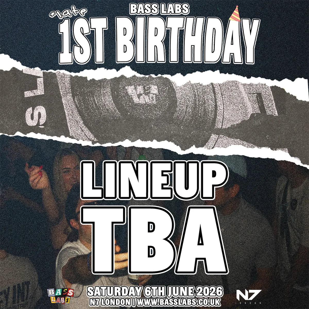 Bass Labs 1st Birthday event poster