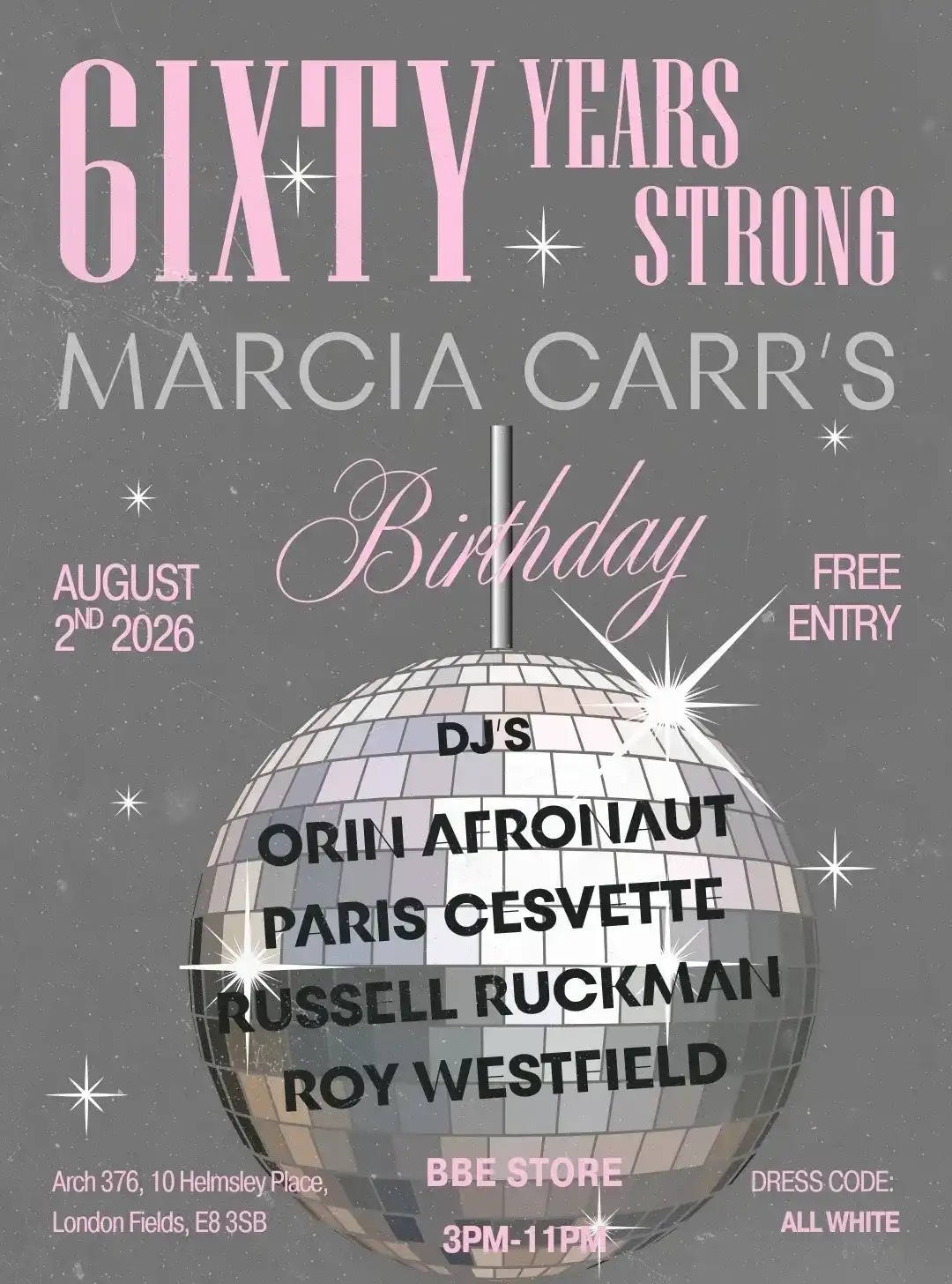 60 Years Strong: Wear WHITE | Birthday w/ Marcia Carr / DJ Spen / Afronaut / Paris Cesvette event poster