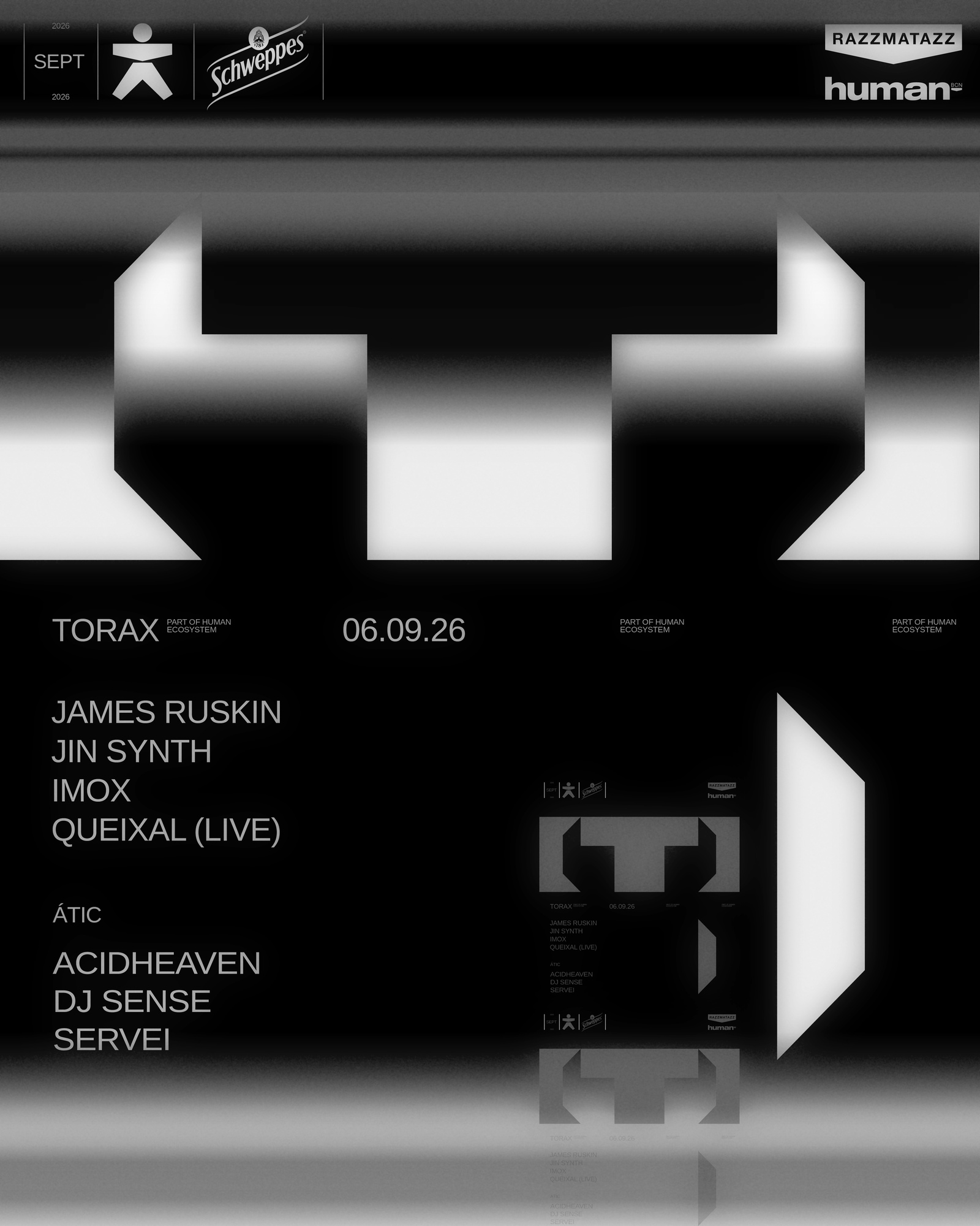 Torax: James Ruskin, Jin Synth, Imox, Queixal, DJ Sense, acidheaven, servei event poster