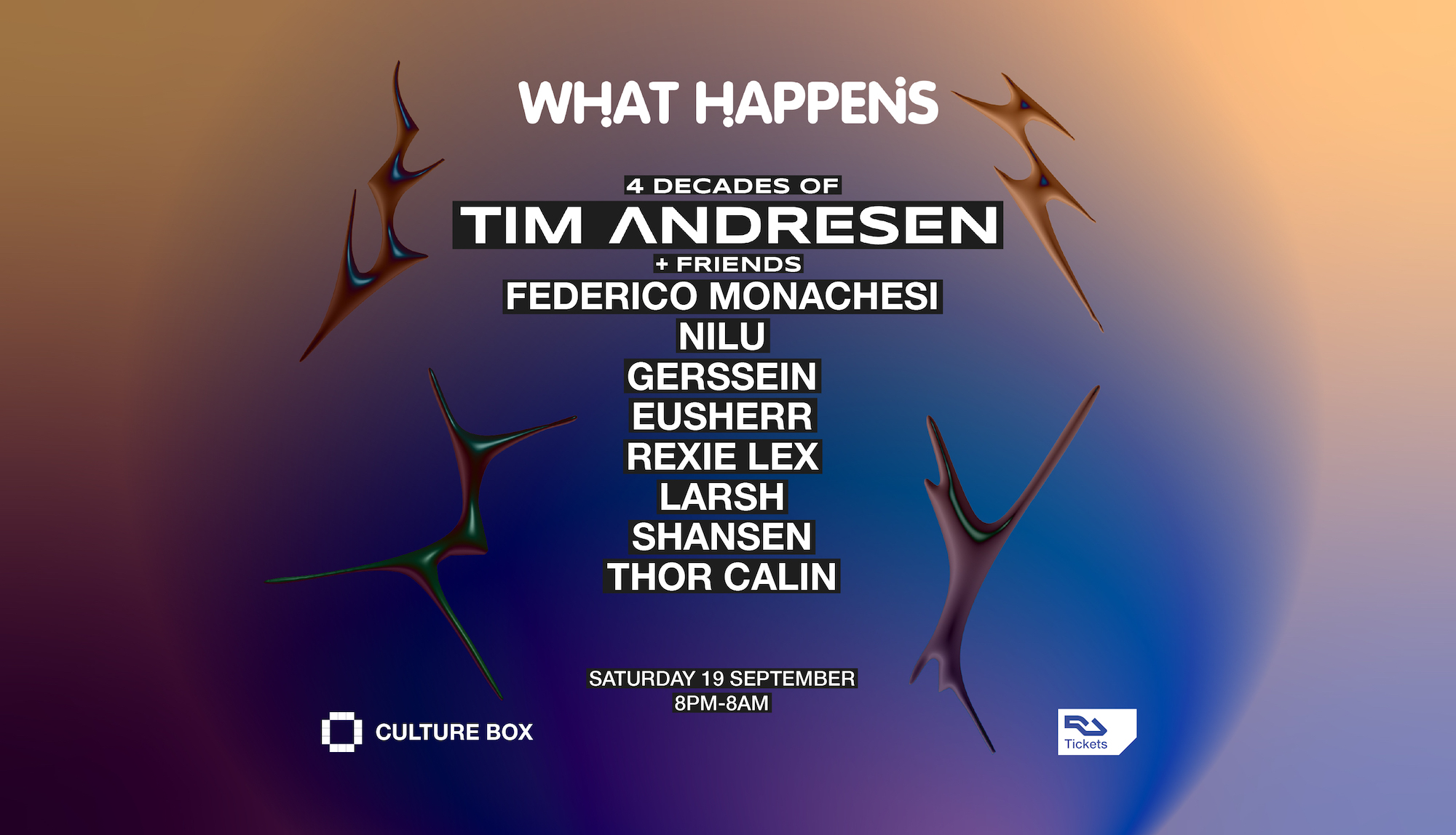 What Happens: 4 Decades of Tim Andresen + Friends event poster