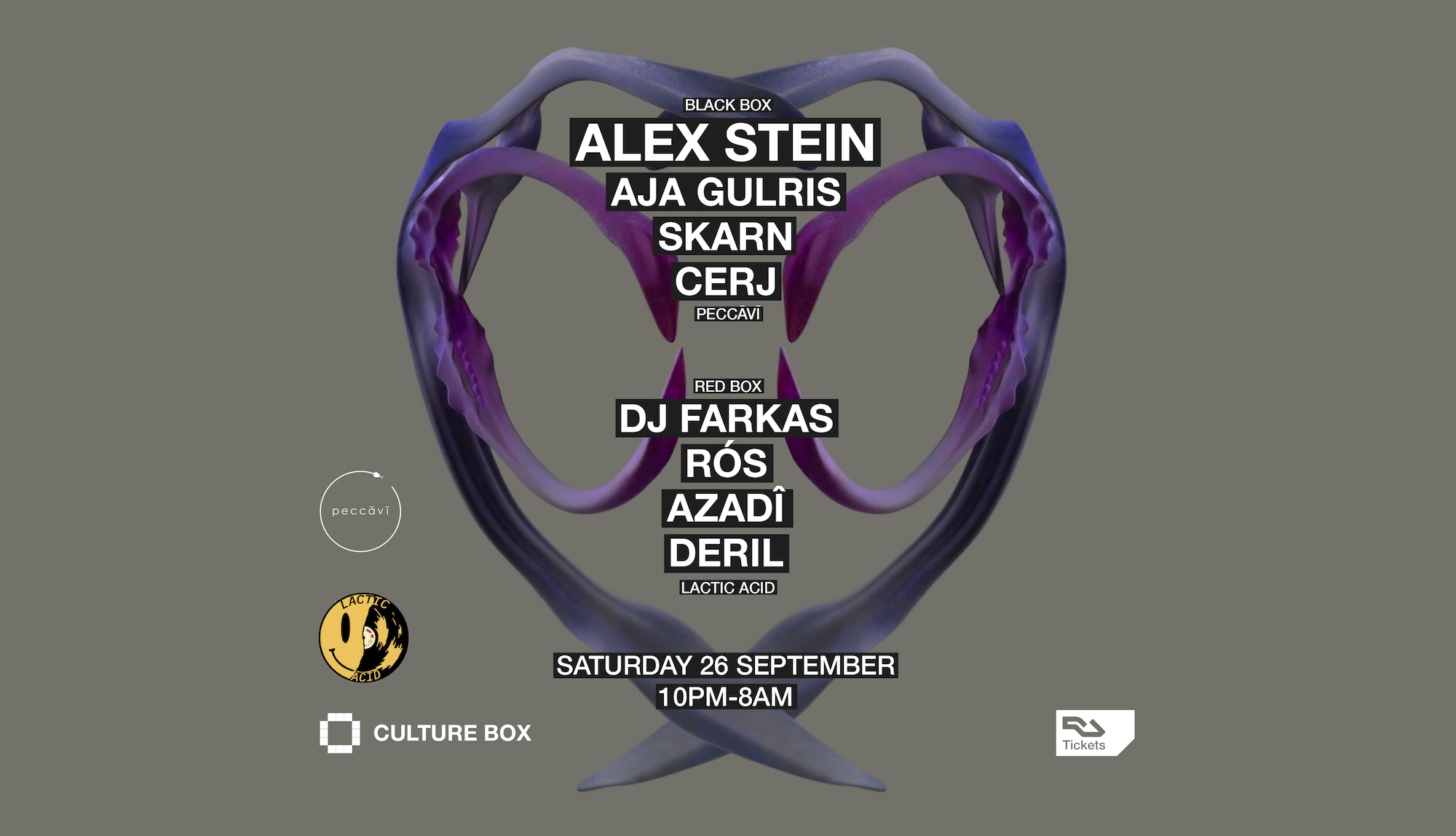 PECCĀVĪ: Alex Stein / Aja Gulris / Skarn / CERJ / LACTIC ACID: DJ Farkas / RÓS / AZADÎ / Deril event poster