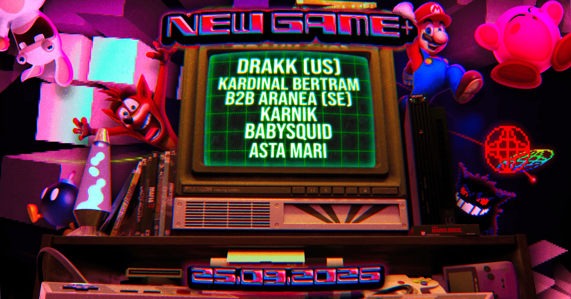 NEW GAME+ // DRAKK (US) / ARANEA (SE) B2B Kardinal Bertram / KARNIK / babysquid / ASTA MARI event poster