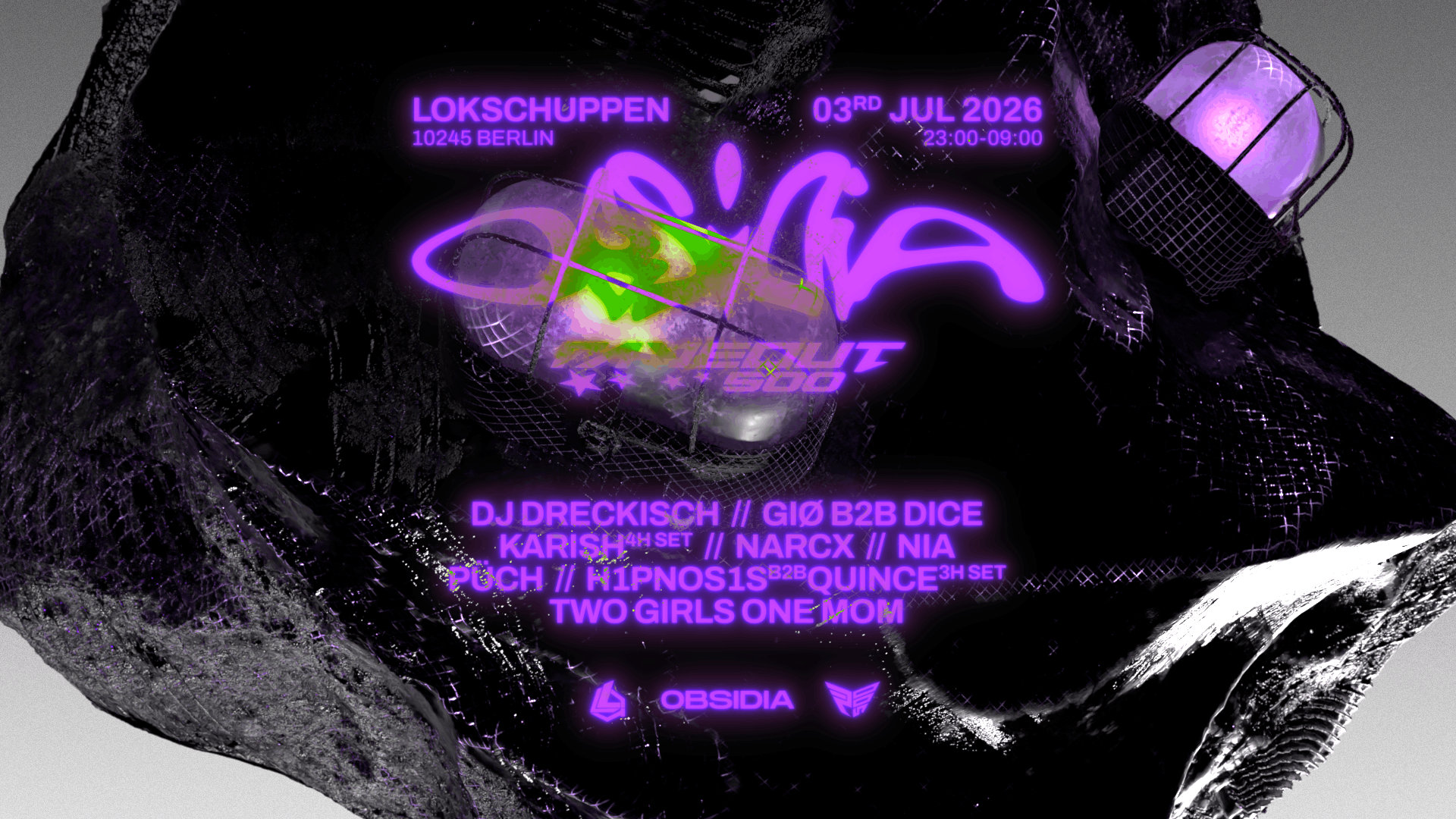 OBSIDIA x R500 w / DJ DRECKISCH, GIØ b2b DICE, two girls one mom event poster