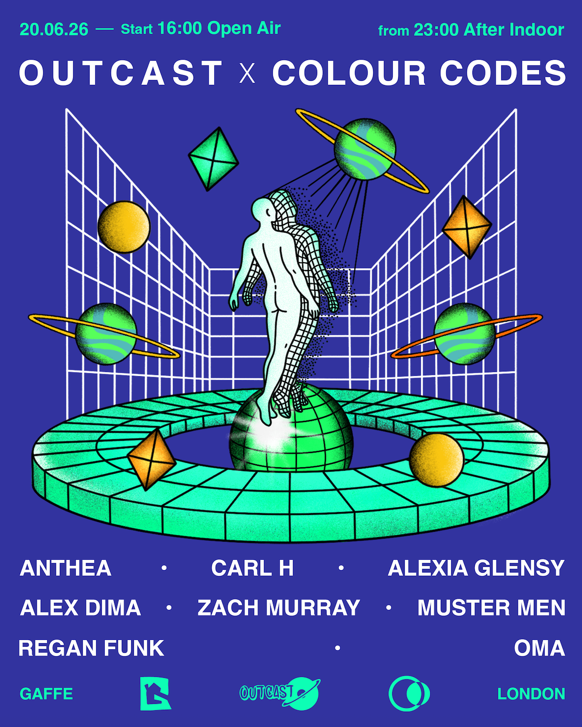 OUTCAST x Colour Codes: Anthea, Carl H, Alexia Glensy, Alex Dima event poster