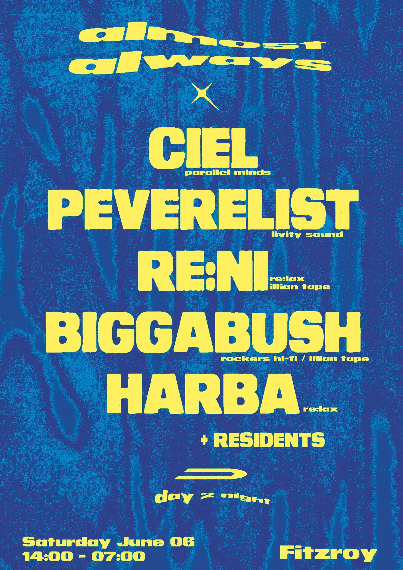 Almost Always: Ciel, Peverelist, re:ni & Biggabush event poster