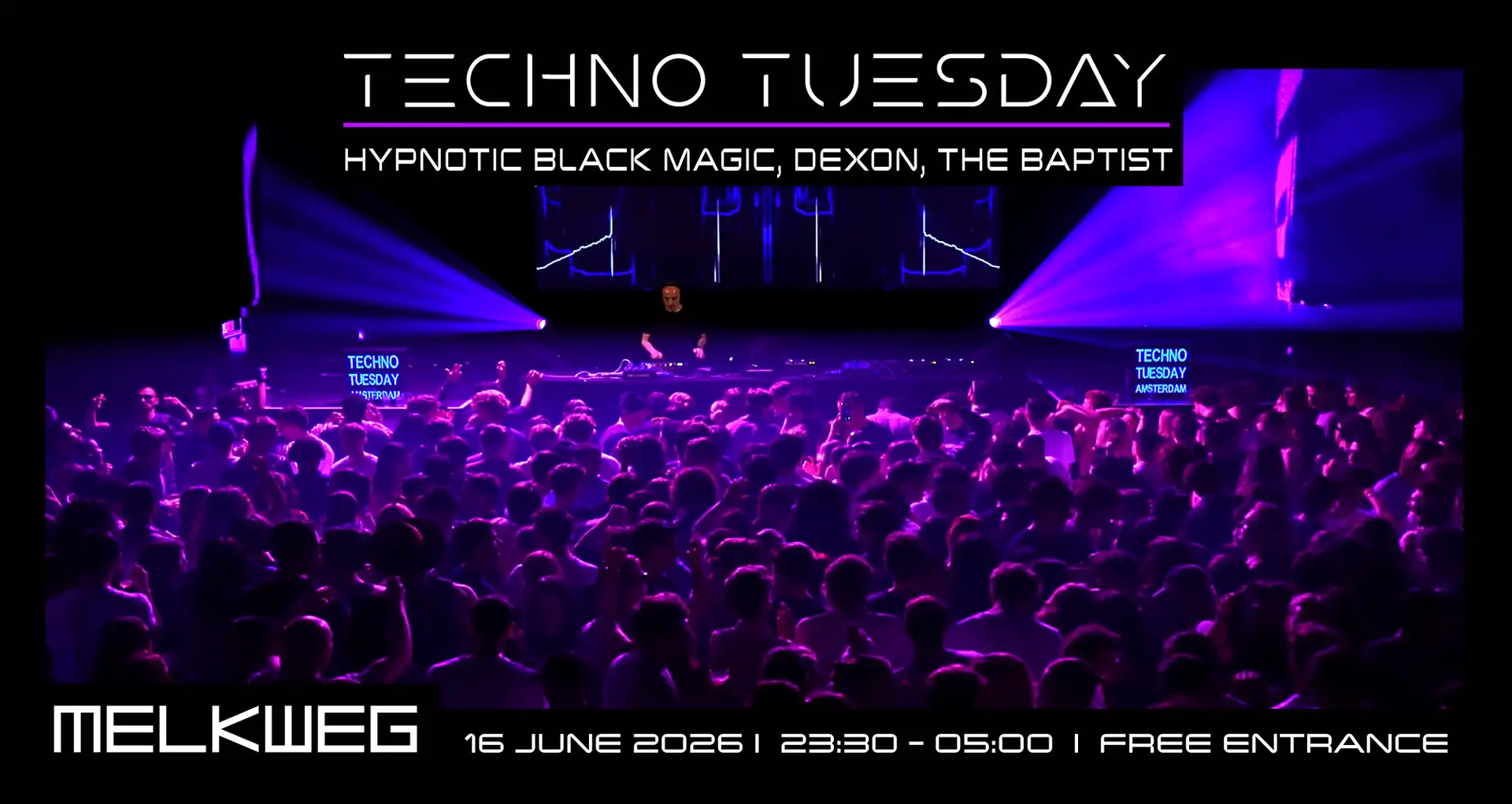 Techno Tuesday Amsterdam, Hypnotic Black Magic, Dexon, The Baptist event poster