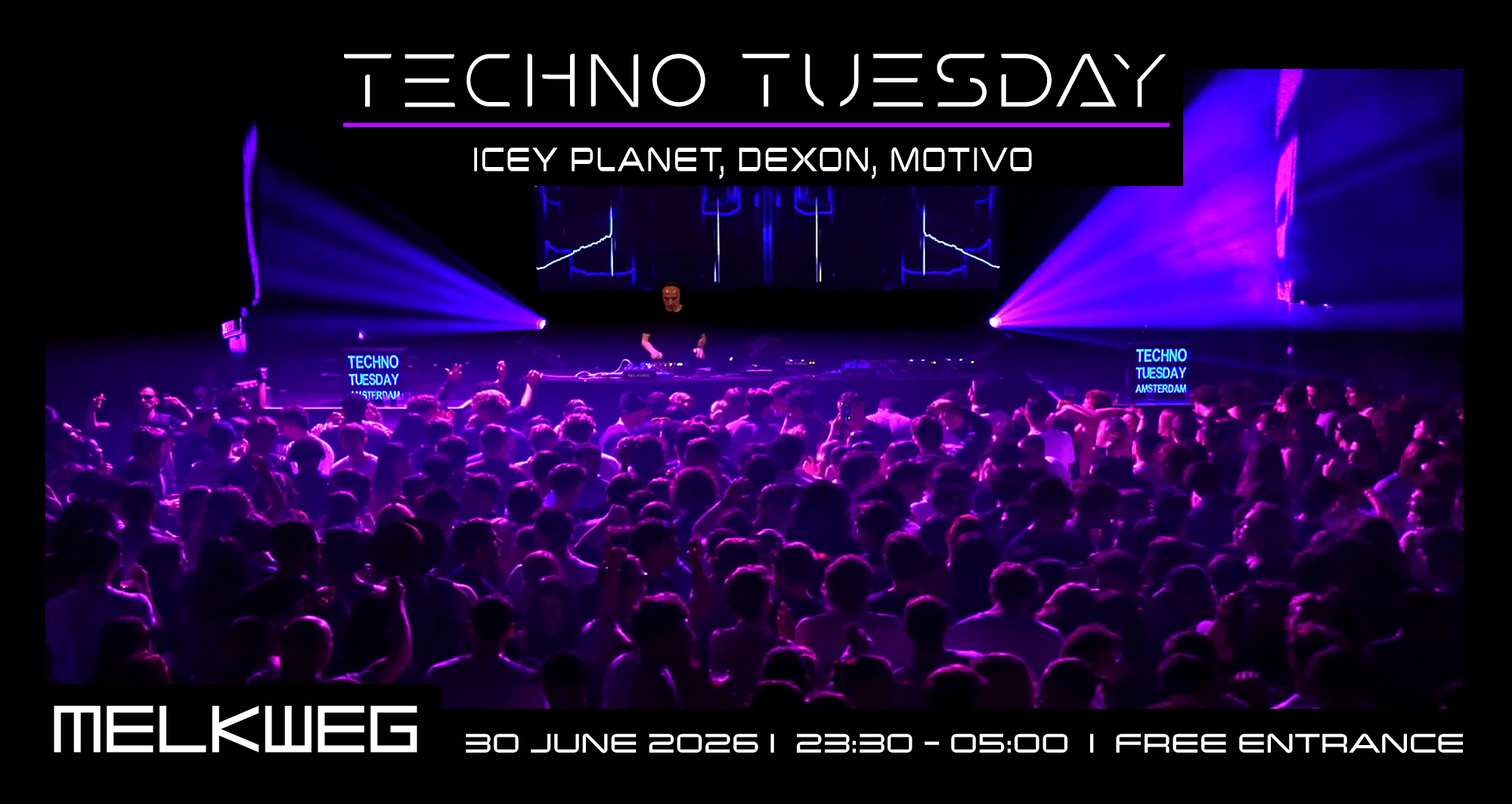 TechnoTuesday Amsterdam, Icey Planet, Dexon, Motivo event poster