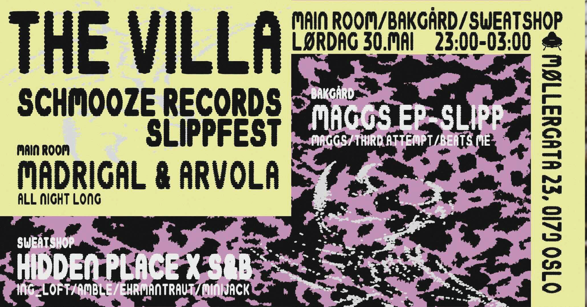 Schmooze Records releaseparty: Madrigal & Arvola / Maggs ++ / SS: Hidden Place / The Villa event poster