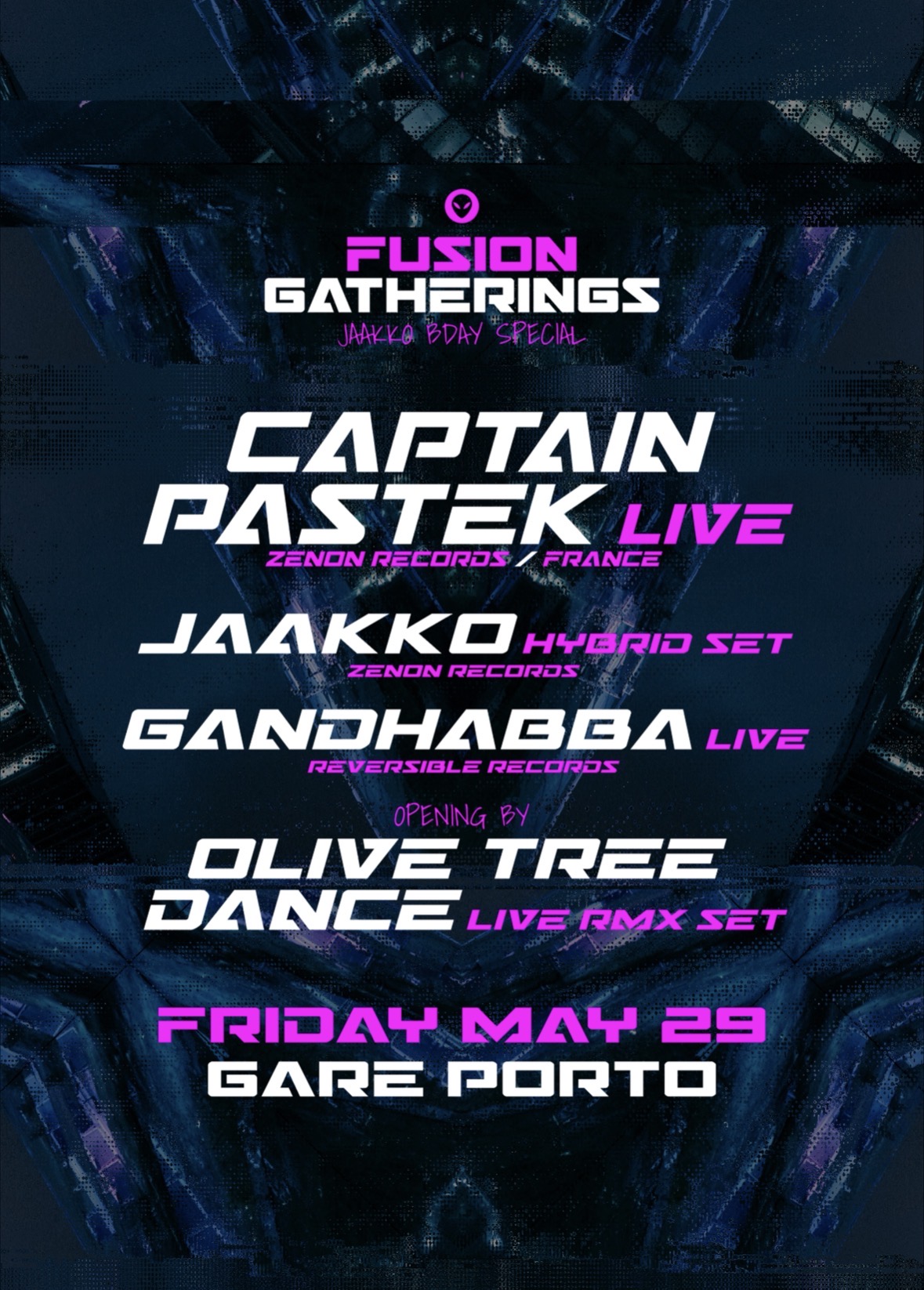 Fusion Gatherings with Captain Pastek [live], Gandhabba [live], Jaakko, Olive Tree Dance rmx event poster