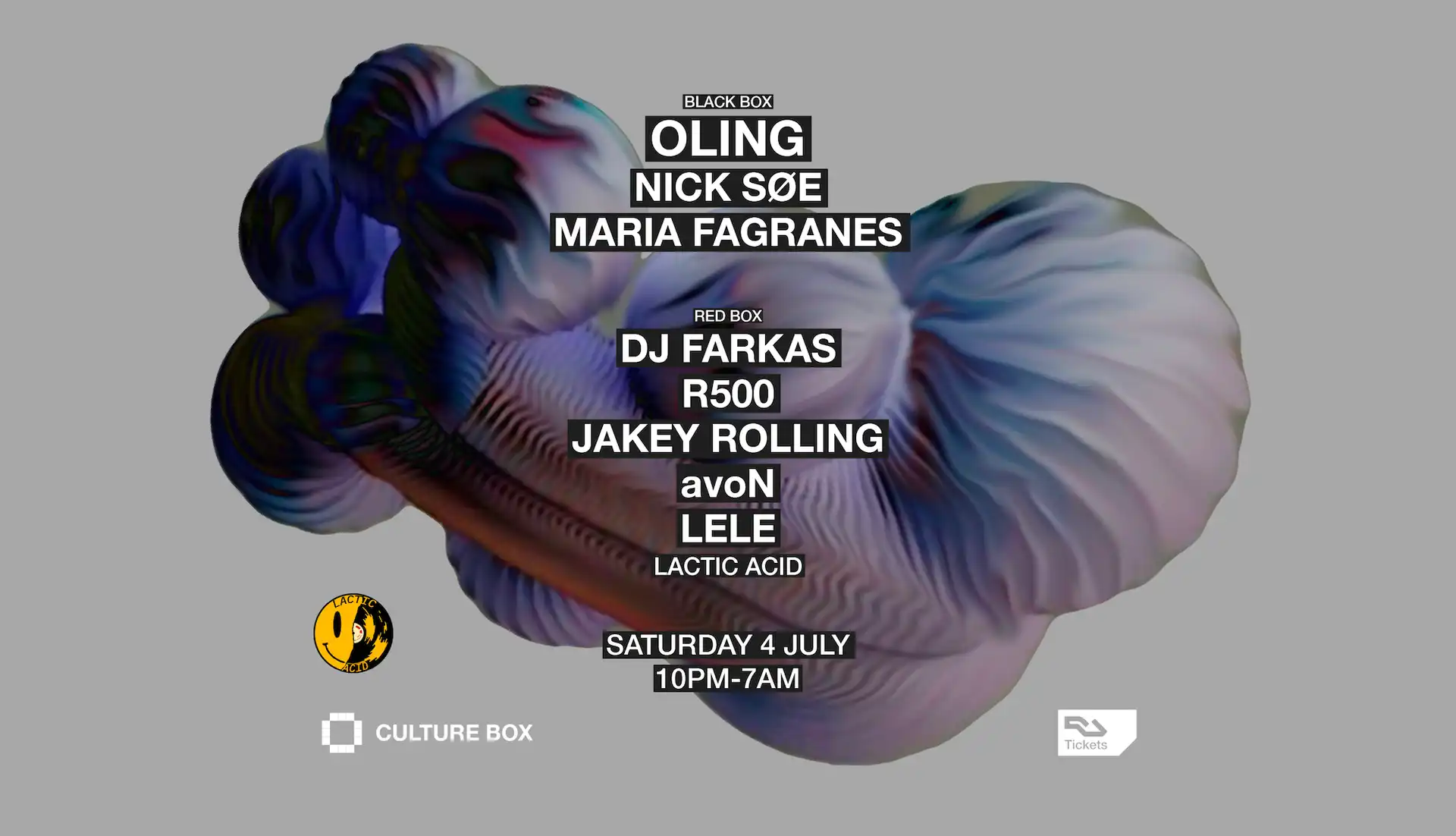 OLING / Nick Søe / Maria Fagranes / LACTIC ACID: DJ Farkas / R500 / Jakey Rolling / avoN / LELE event poster