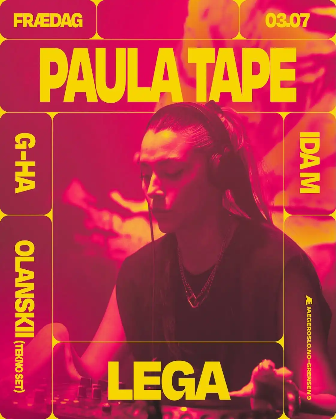 Frædag: Paula Tape + Lega event poster