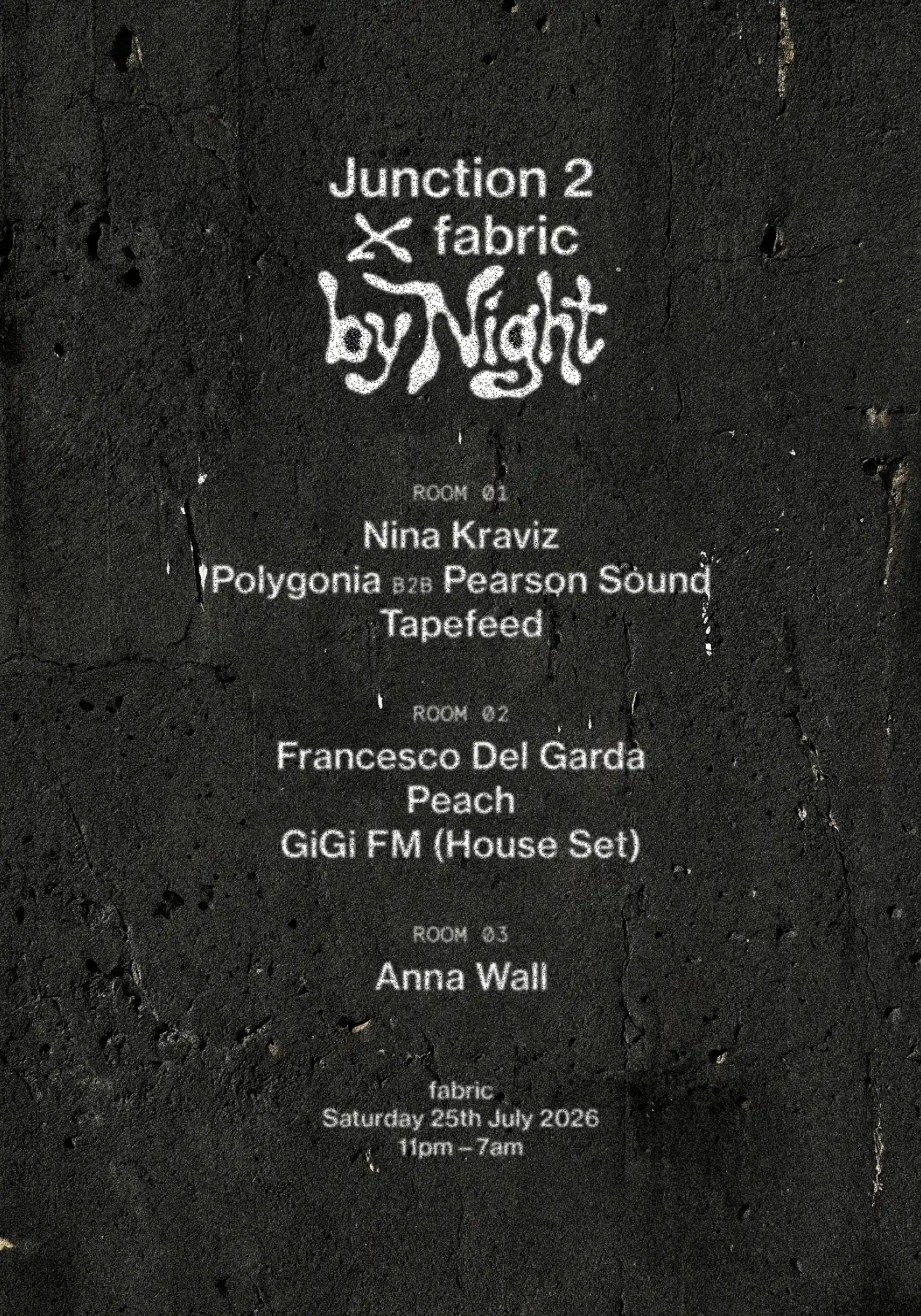 Junction 2 x fabric by Night: Nina Kraviz, Francesco Del Garda, Peach, Pearson Sound, Polygonia event poster