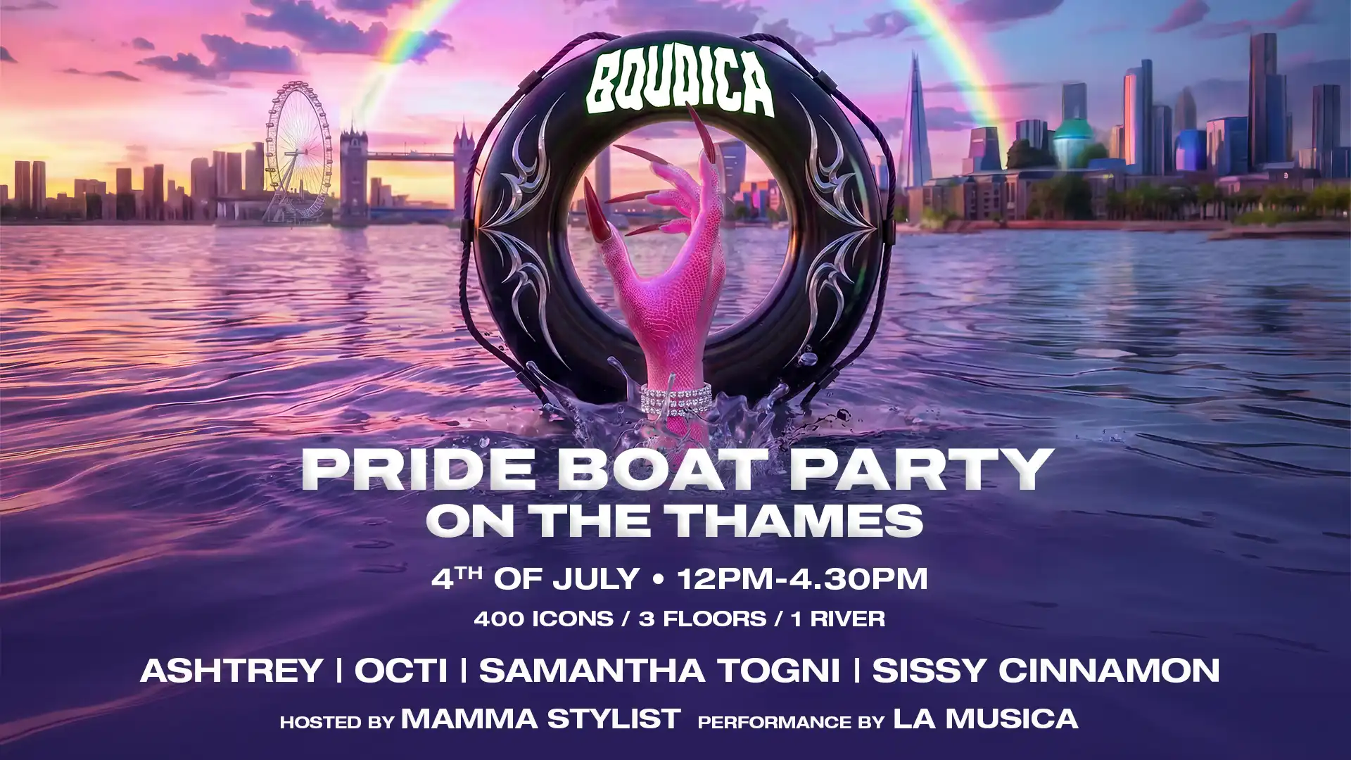 Boudica London Pride Boat Party on the Thames: 400 Queers / 3 Floors / One River event poster