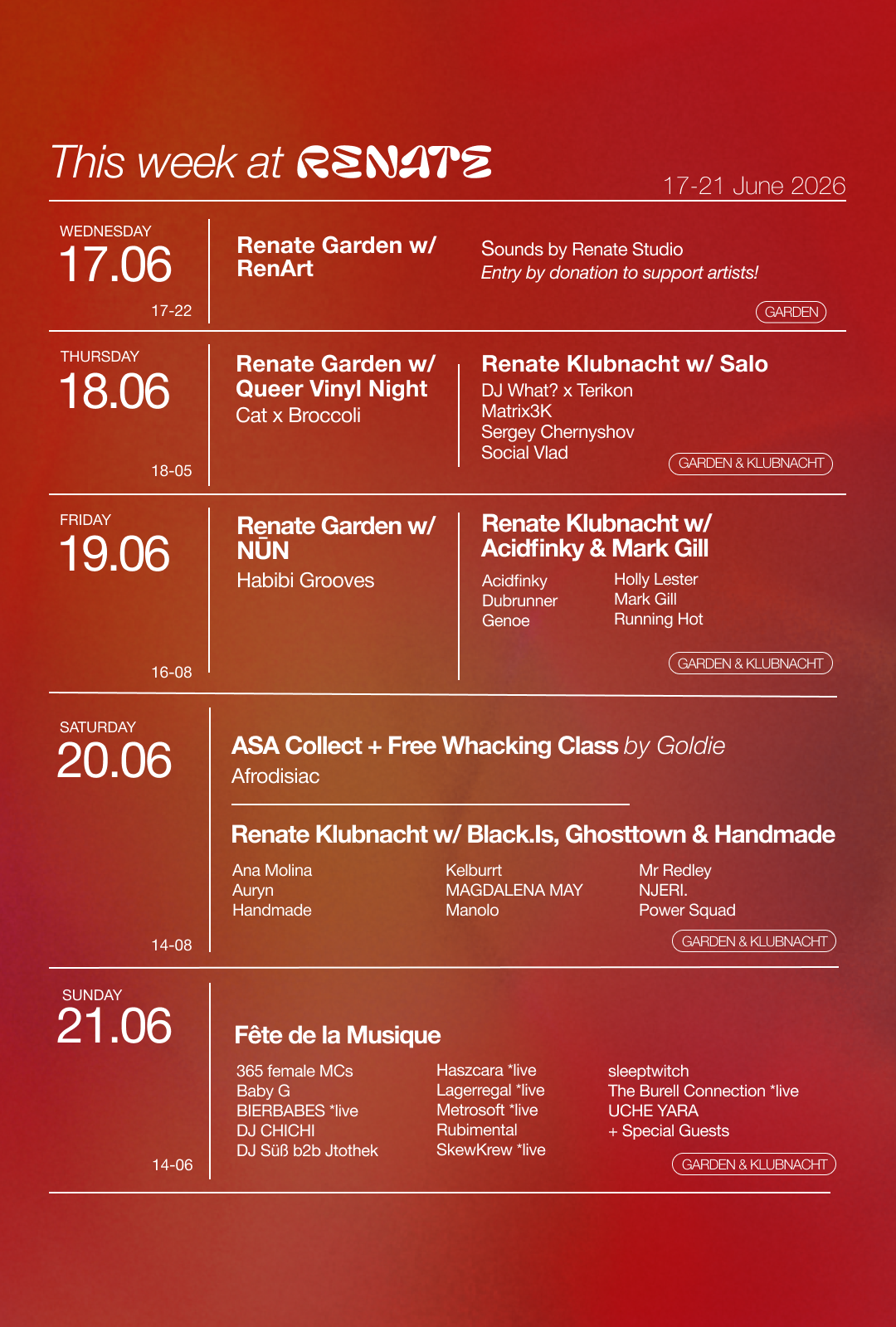 Renate Klubnacht & Open Air (Free Entry) w/ Acidfinky & Mark Gill event poster