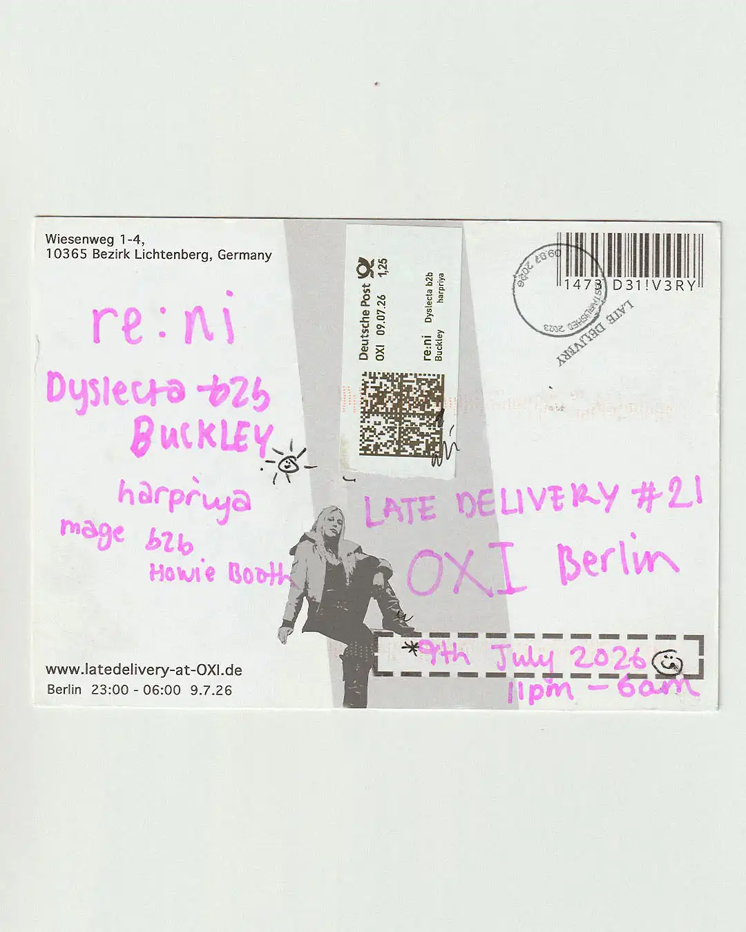 Late Delivery #21: re:ni + Dyslecta B2B Buckley event poster