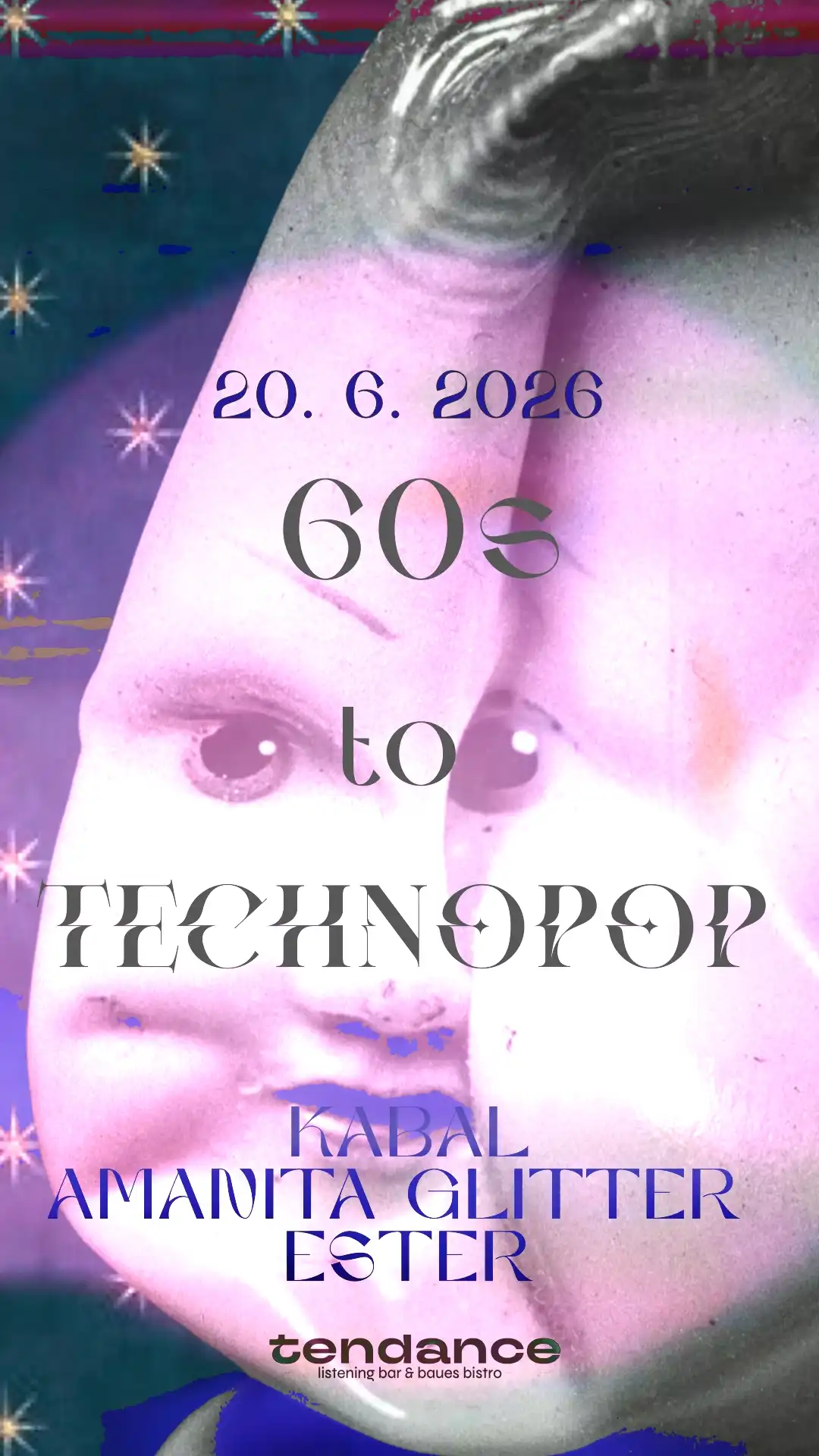 60s ᴛᴏ​​​​​ ᴛecʜ​​​​​nopop ᴡɪᴛʜ​​​​​ Amanita Glitter, Ester & Kabal event poster