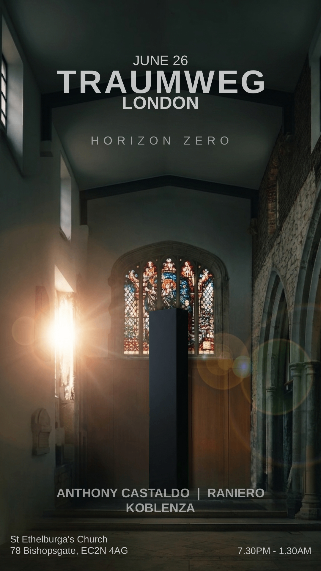 TECHNO INSIDE A CHURCH: HORIZON ZERO event poster